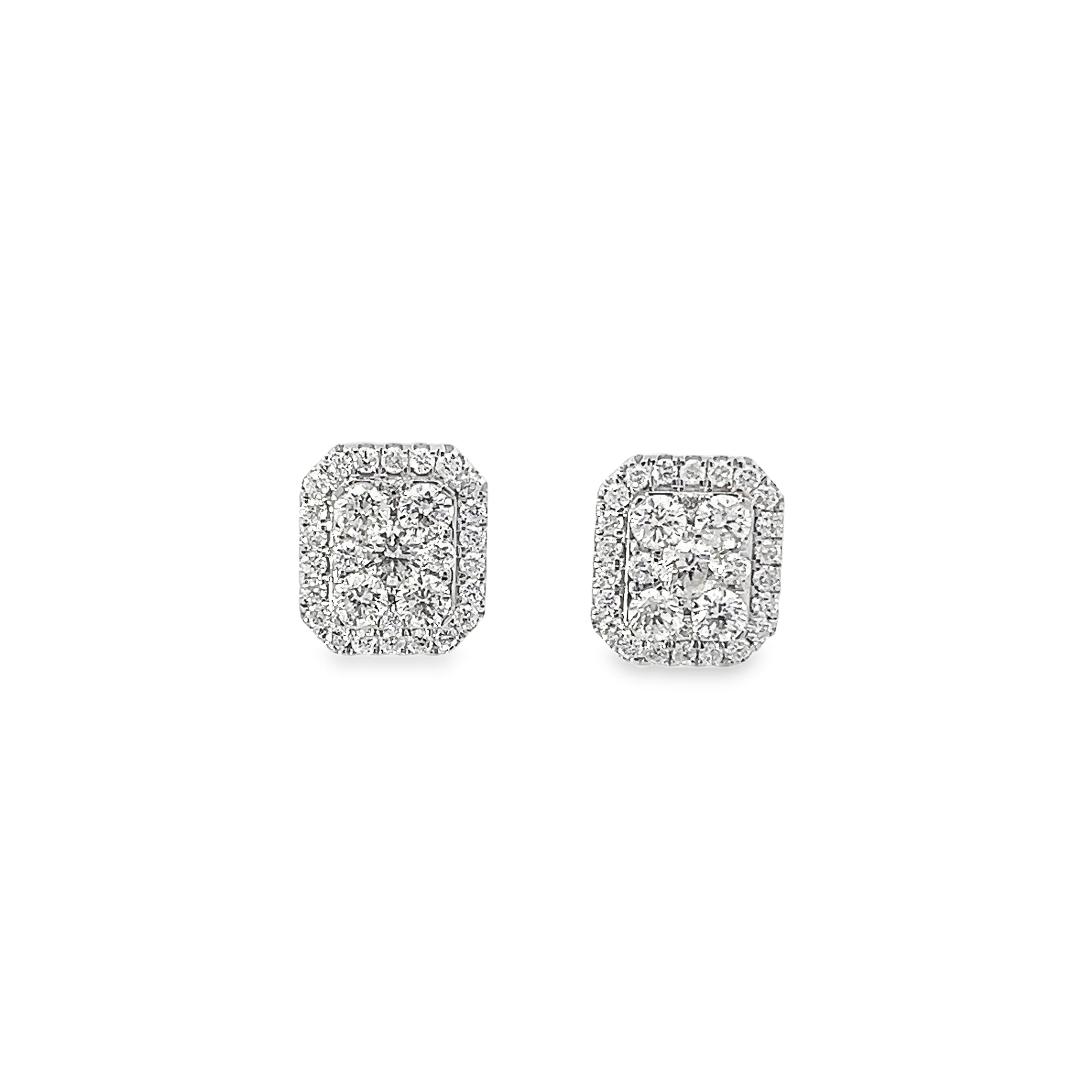 1.97ct Natural Round Brilliant Cut Diamond Emerald Shaped Cluster Earrings Set In 18ct White Gold