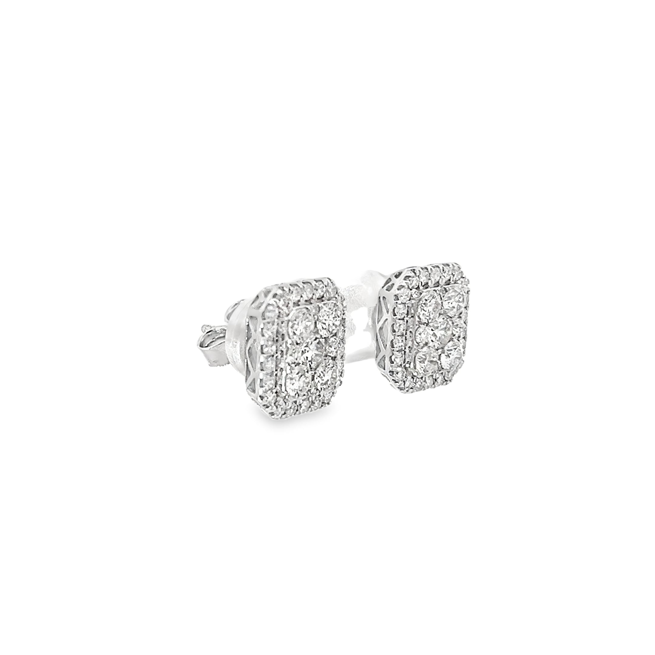 1.97ct Natural Round Brilliant Cut Diamond Emerald Shaped Cluster Earrings Set In 18ct White Gold