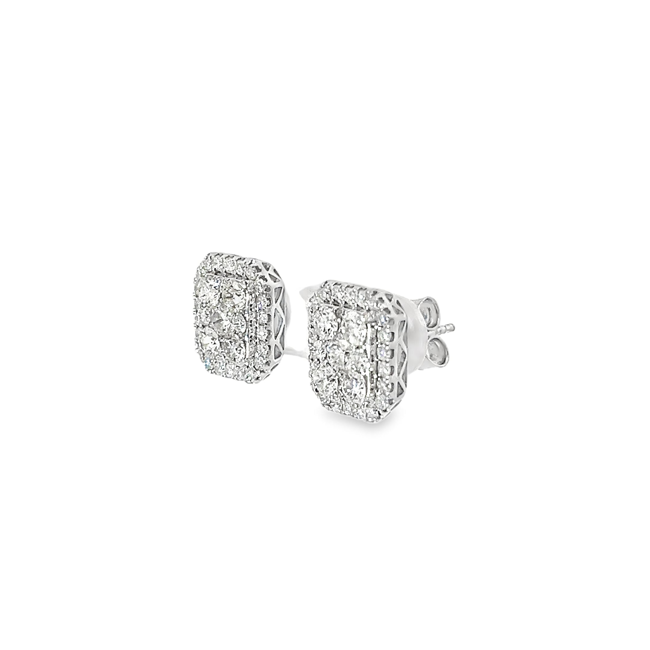 1.97ct Natural Round Brilliant Cut Diamond Emerald Shaped Cluster Earrings Set In 18ct White Gold