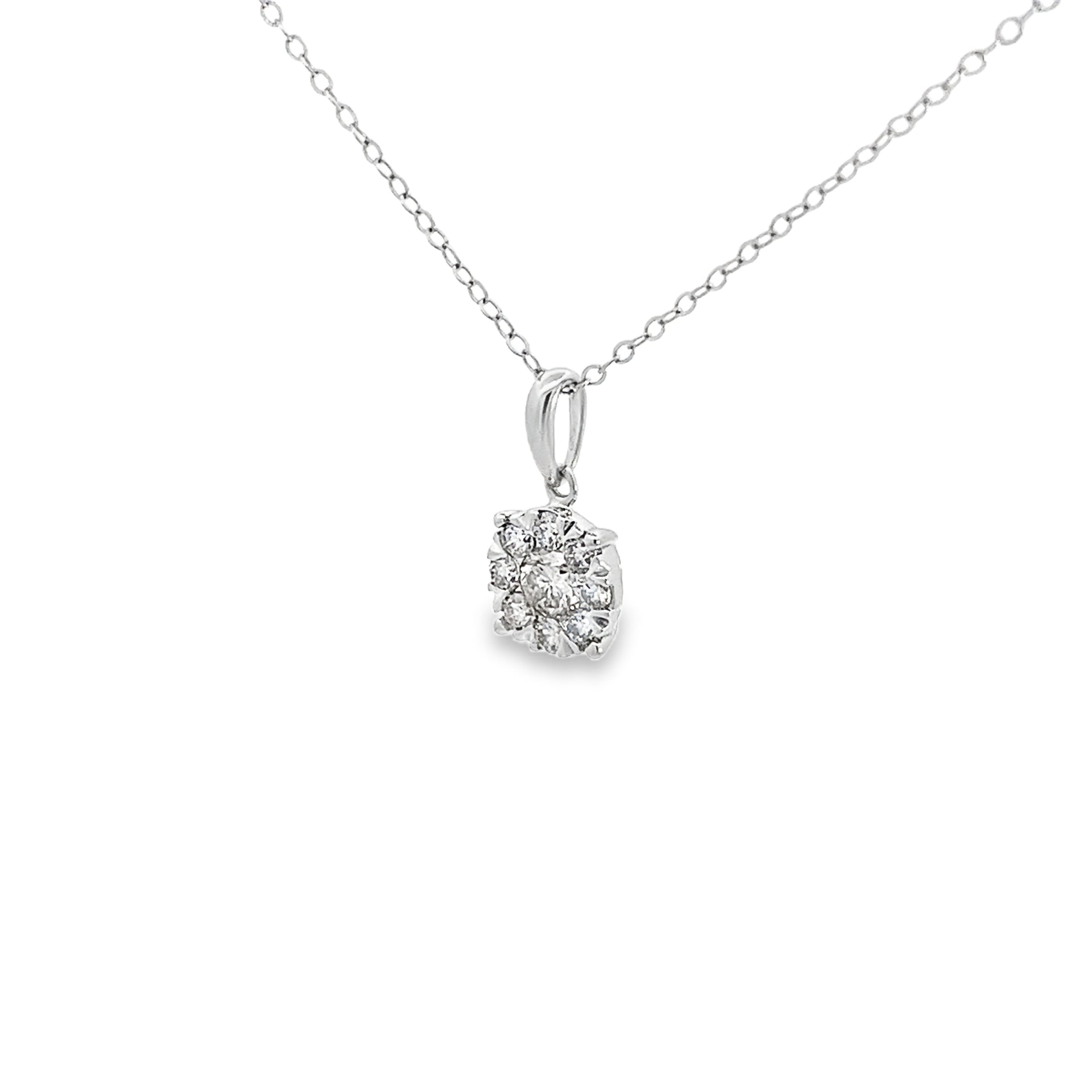 0.96ct Natural Round Brilliant Cut Diamond Cluster Necklace Set In 18ct White Gold