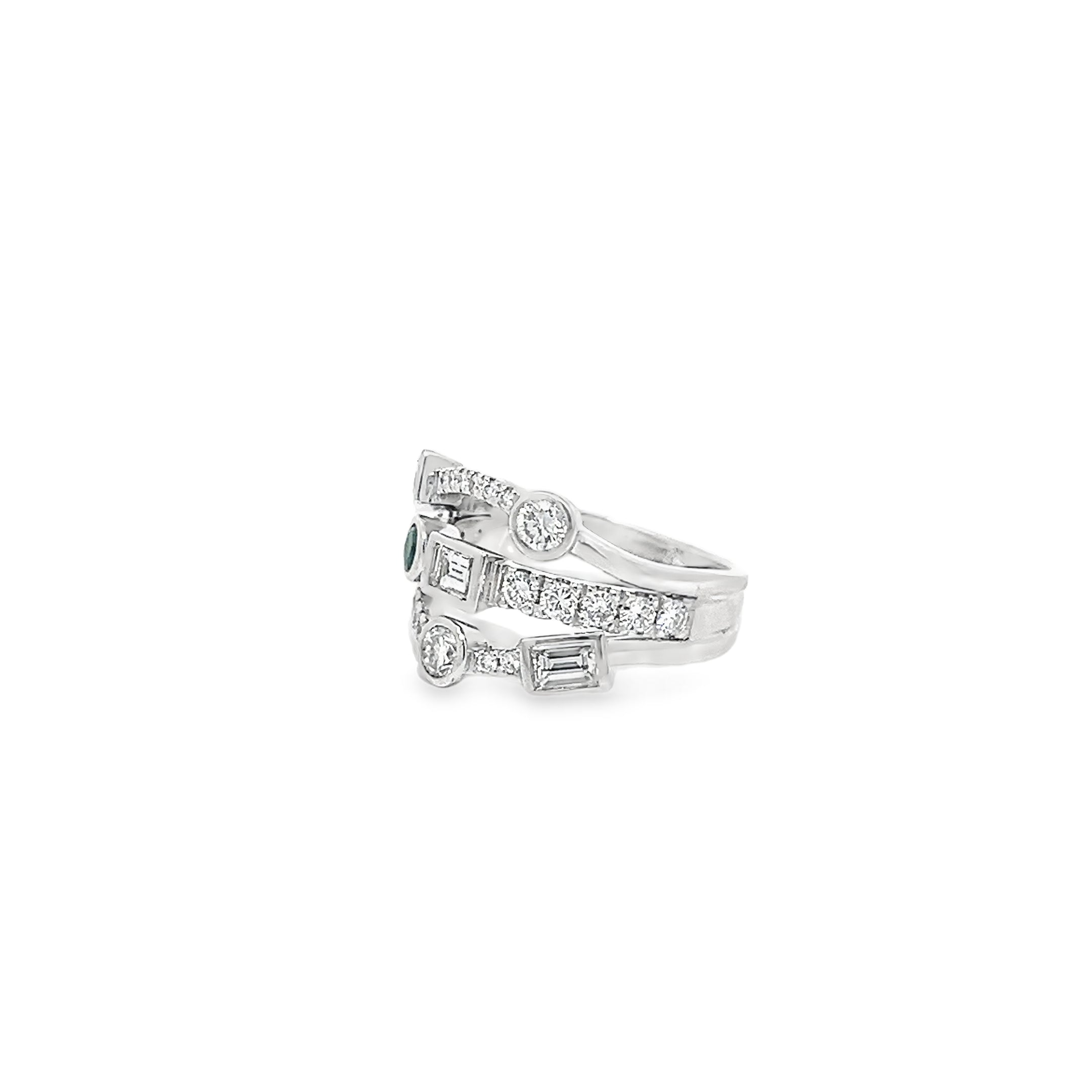 1.11ct Natural Round And Baguette Cut Diamond and Emerald Bubble Ring Set In 18ct White Gold