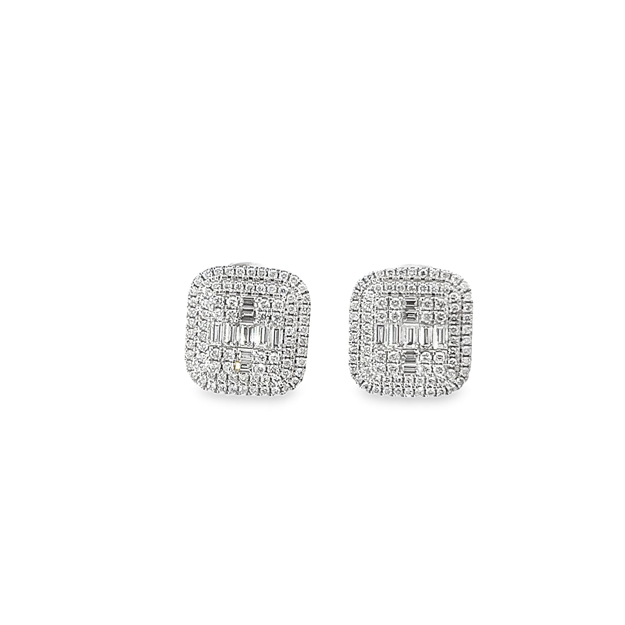 1.35ct Natural Baguette And Round Brilliant Cut Diamond Cluster Earrings Set In 18ct White Gold