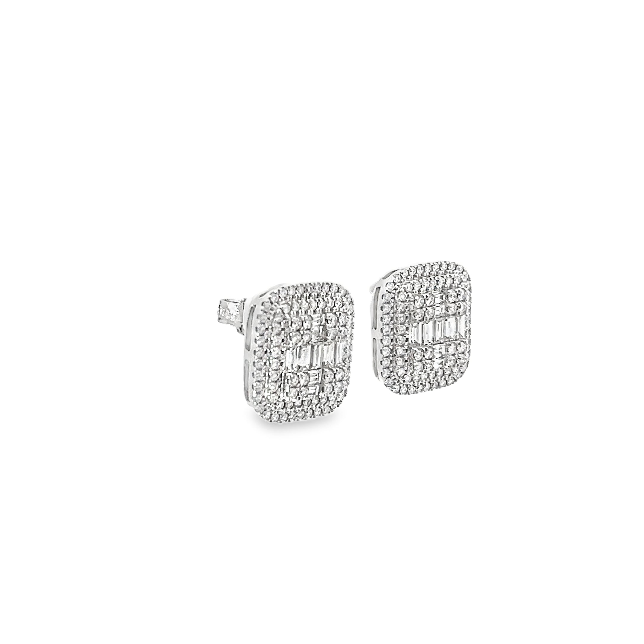 1.35ct Natural Baguette And Round Brilliant Cut Diamond Cluster Earrings Set In 18ct White Gold