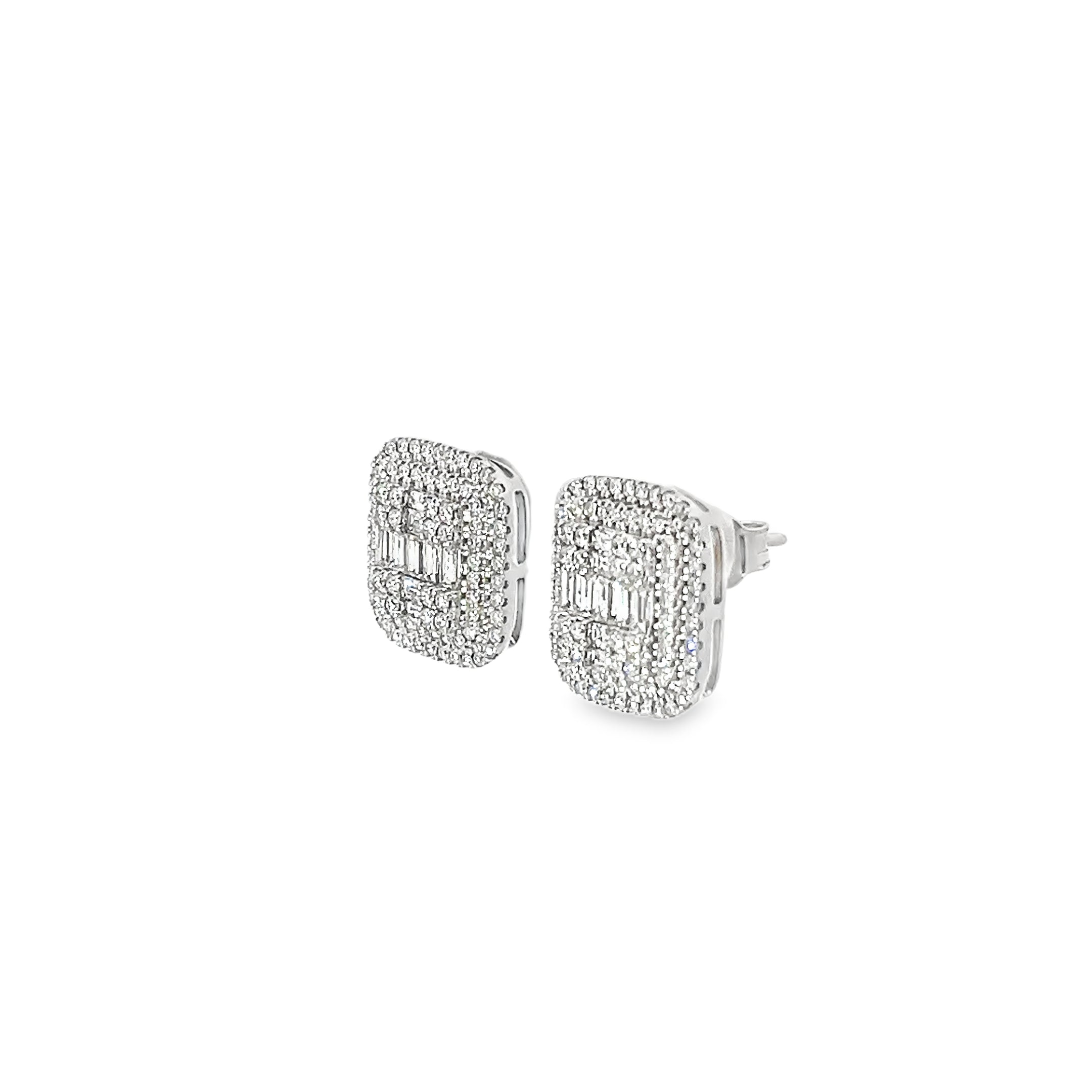 1.35ct Natural Baguette And Round Brilliant Cut Diamond Cluster Earrings Set In 18ct White Gold