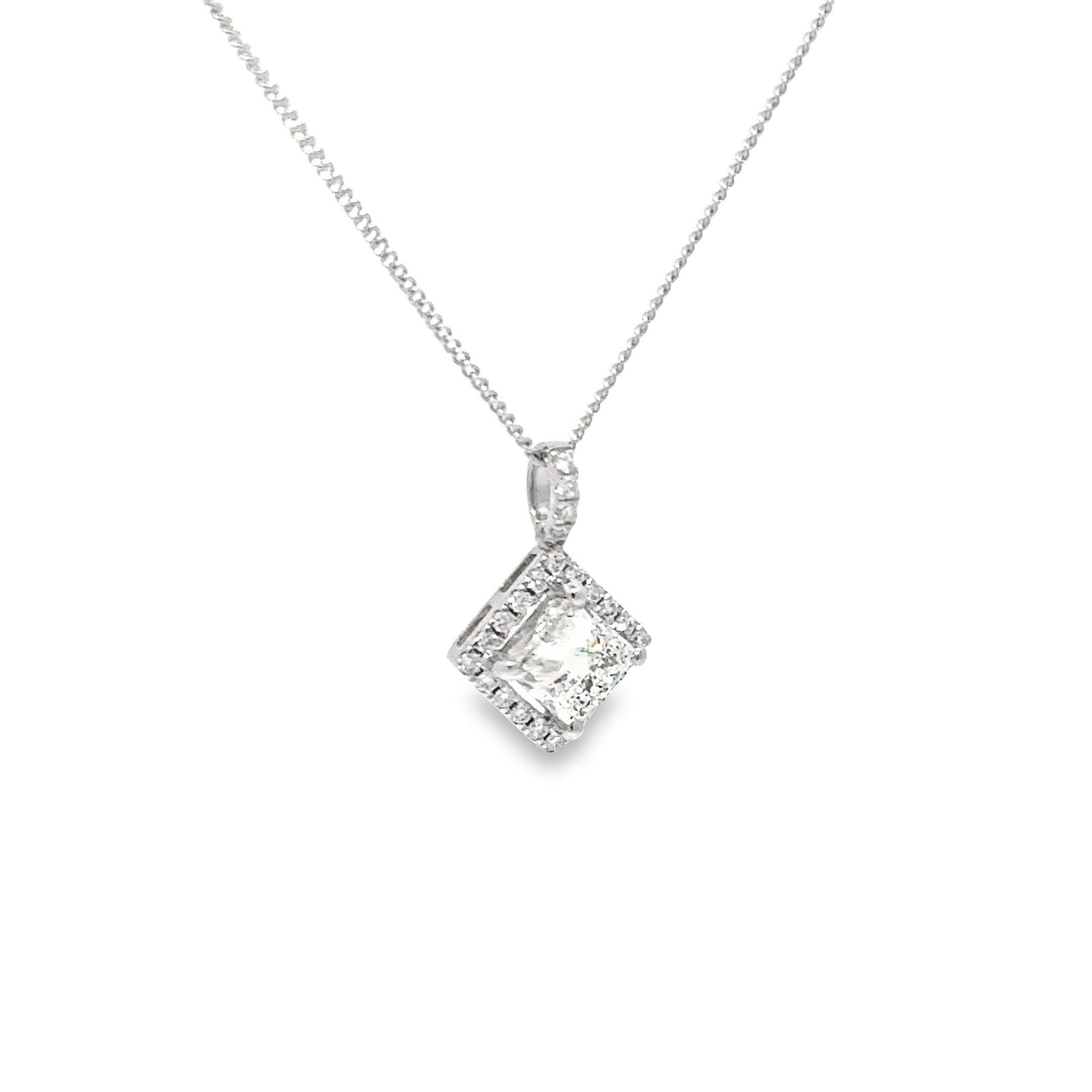 0.96ct Princess Cut Diamond Pendant With Diamond Halo Set In 18ct White Gold