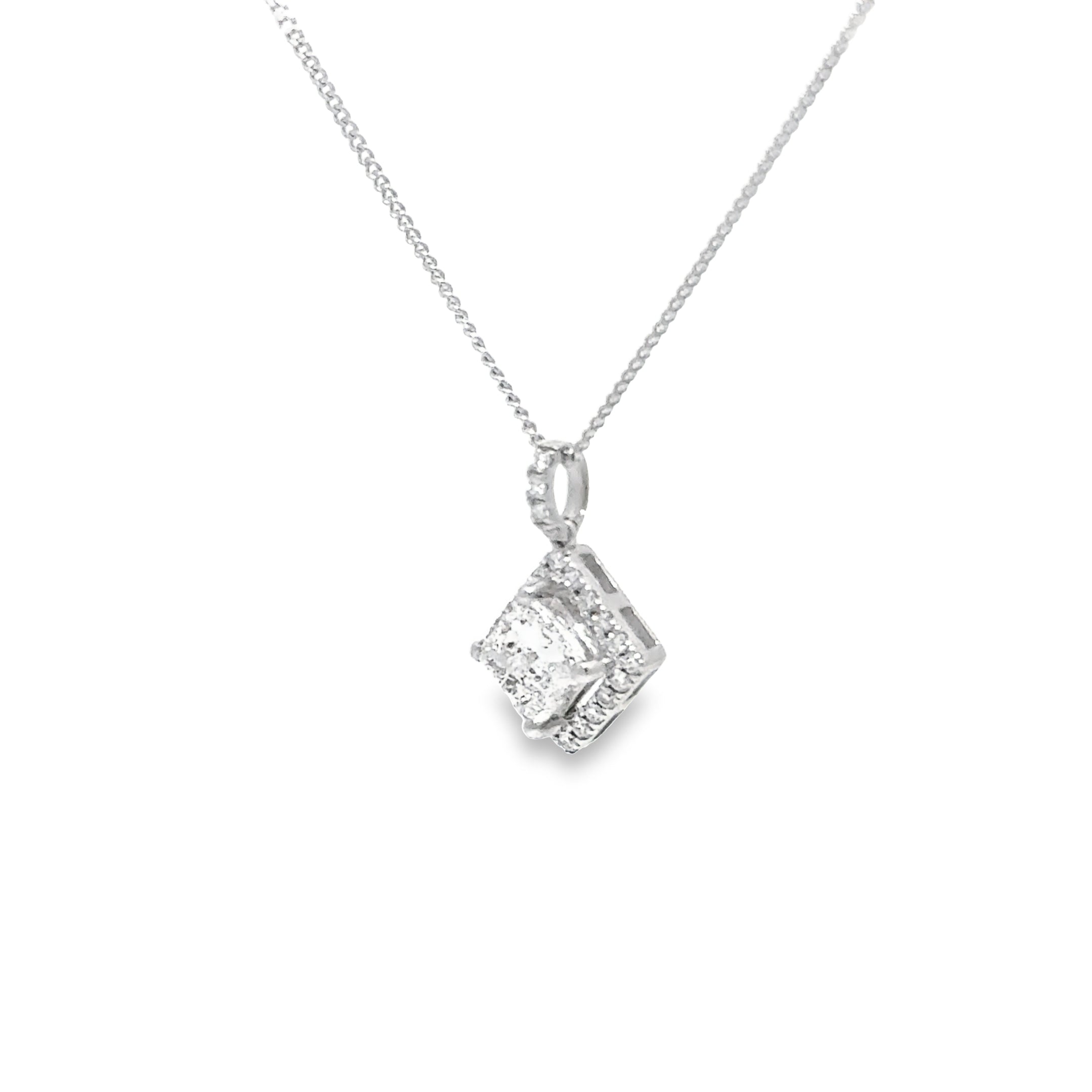 0.96ct Princess Cut Diamond Pendant With Diamond Halo Set In 18ct White Gold