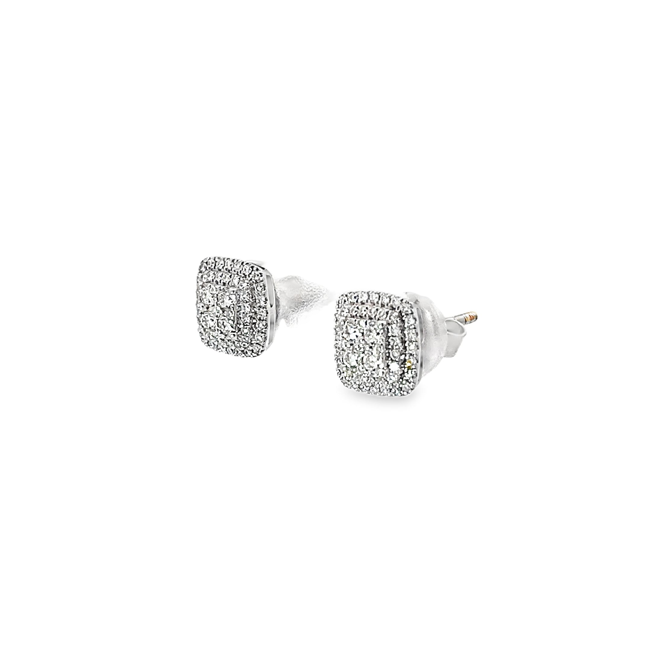 0.50ct Natural Round Brilliant Cut Diamond Cushion Cluster Earrings Set In 9ct White Gold