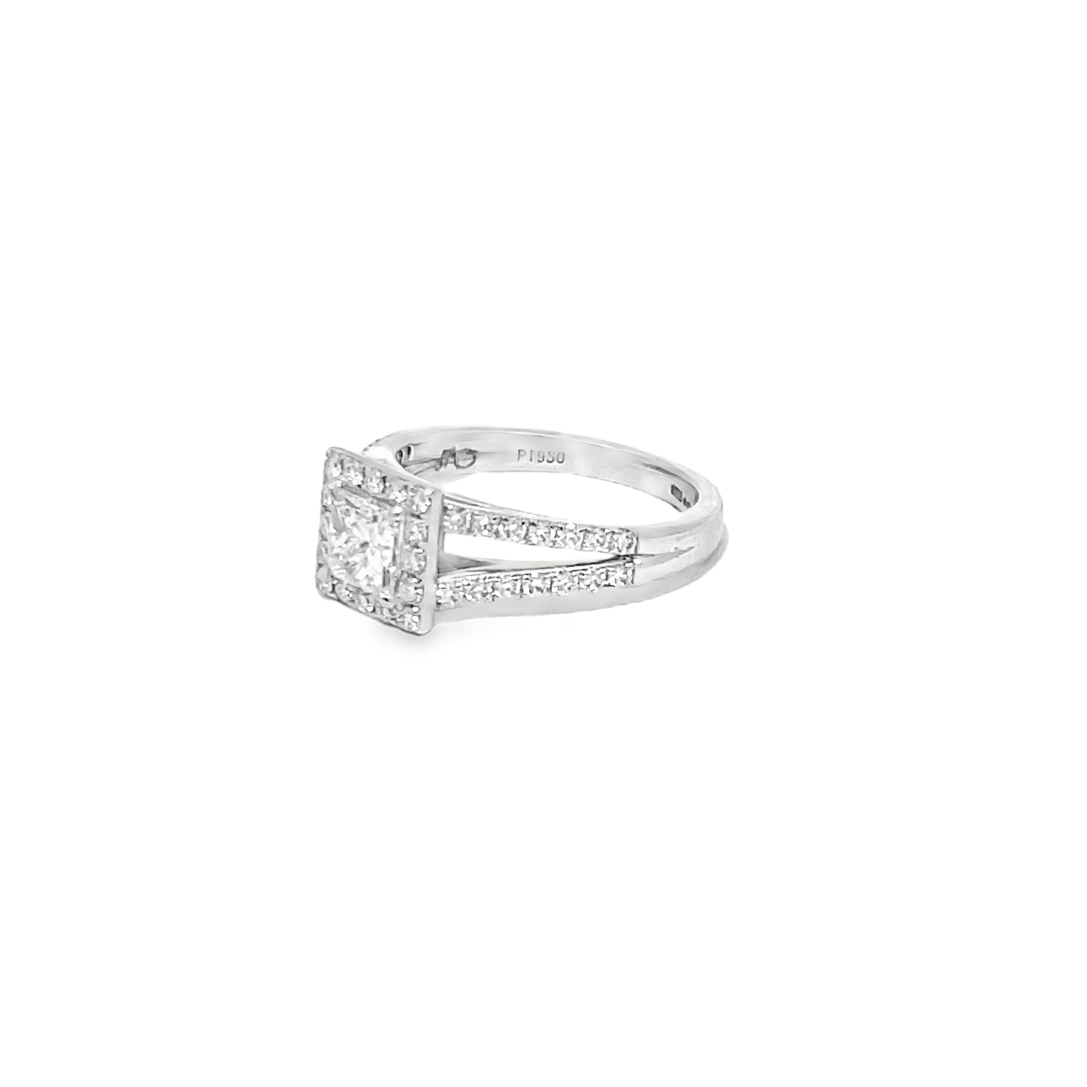 0.70ct Natural Diamond Centre Set In A Split Diamond And Halo Platinum Shank