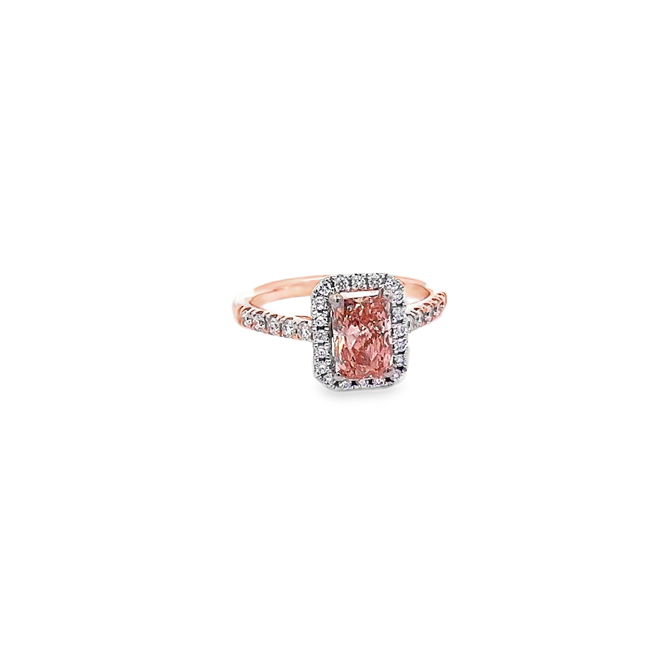 1.20ct Fancy Pink Lab Grown Radiant Cut Diamond Engagement Ring Set In 18ct Rose Gold