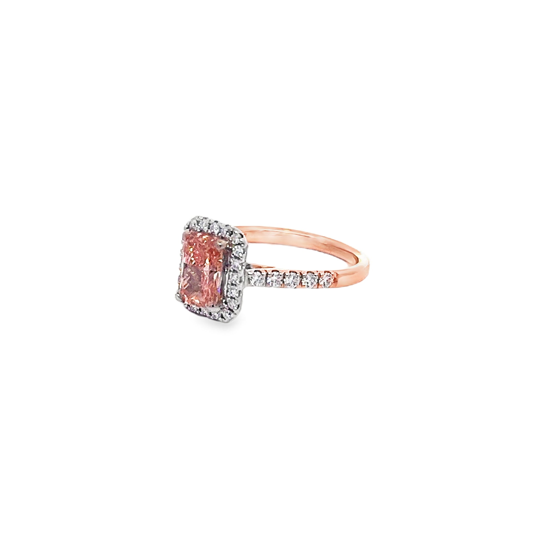 1.20ct Fancy Pink Lab Grown Radiant Cut Diamond Engagement Ring Set In 18ct Rose Gold