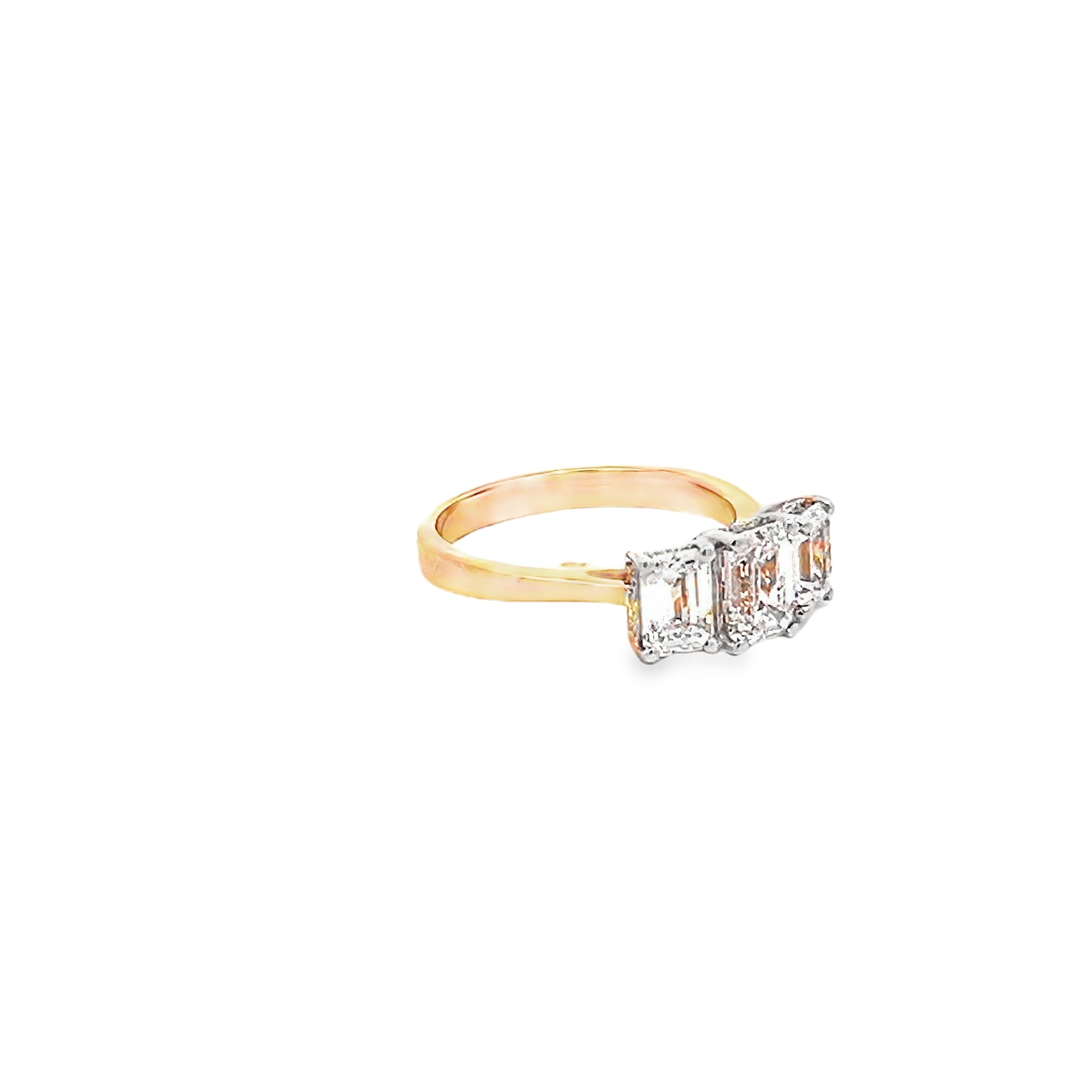 2.31ct Emerald Cut Trilogy Lab Grown Diamond Ring Set in 18ct Yellow Gold