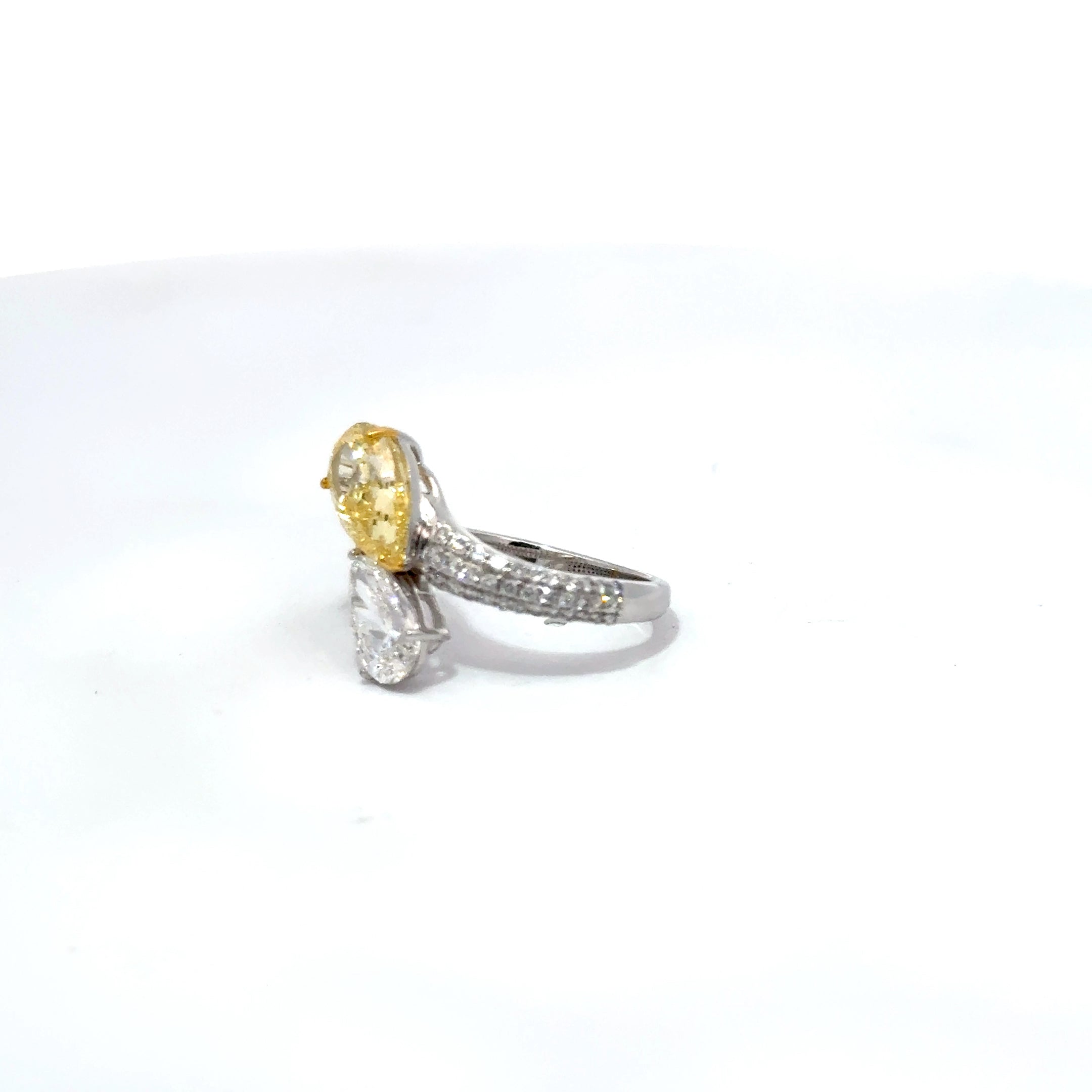 3.44ct Toi et Moi Lab Grown Fancy Intense Yellow Pear Cut Diamond Set In 18ct White Gold With Diamond Set Shoulders