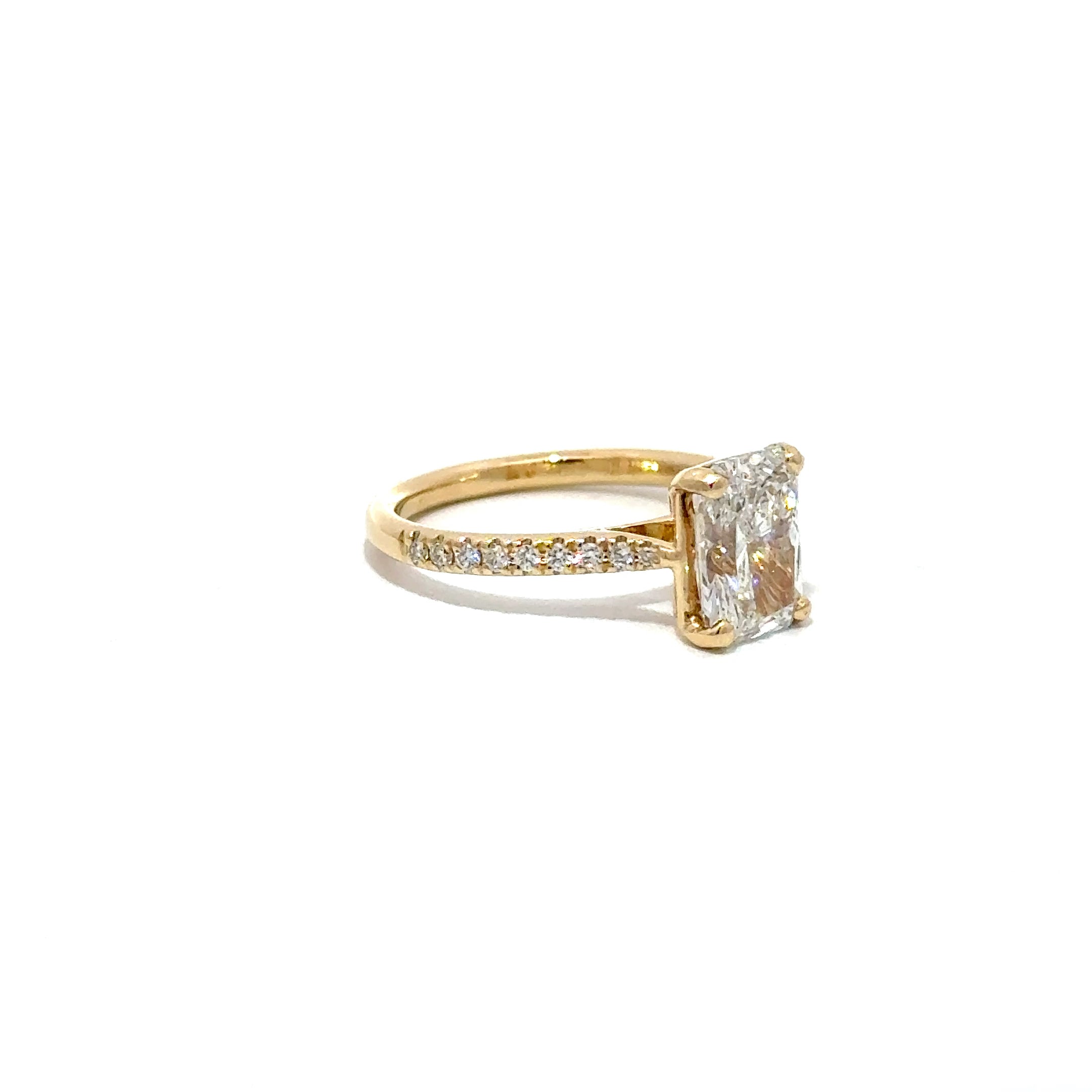 2.00ct Lab Grown Radiant Cut Lab Grown Diamond Ring Set in 18ct Yellow Gold With Diamond Set Shoulders