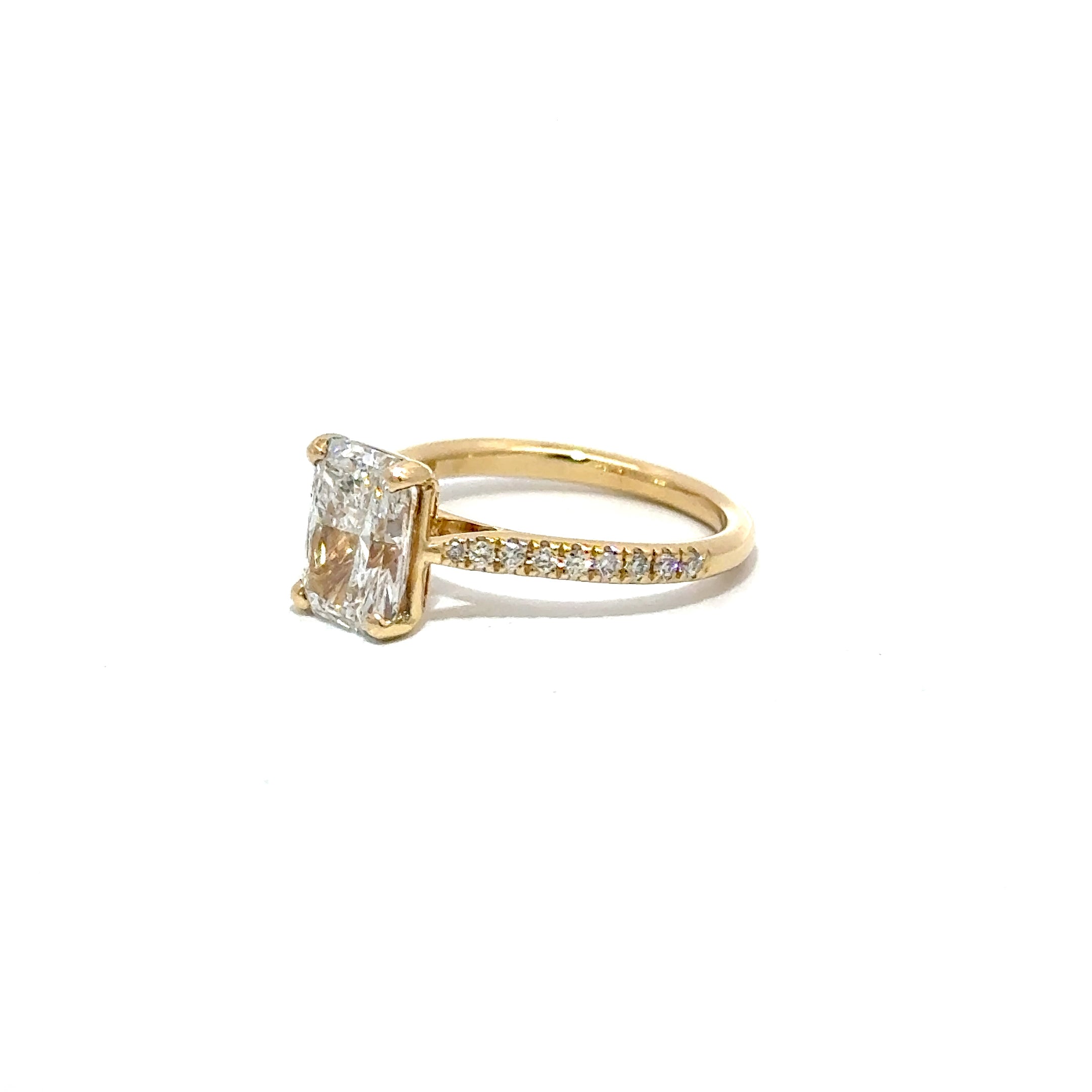 2.00ct Lab Grown Radiant Cut Lab Grown Diamond Ring Set in 18ct Yellow Gold With Diamond Set Shoulders
