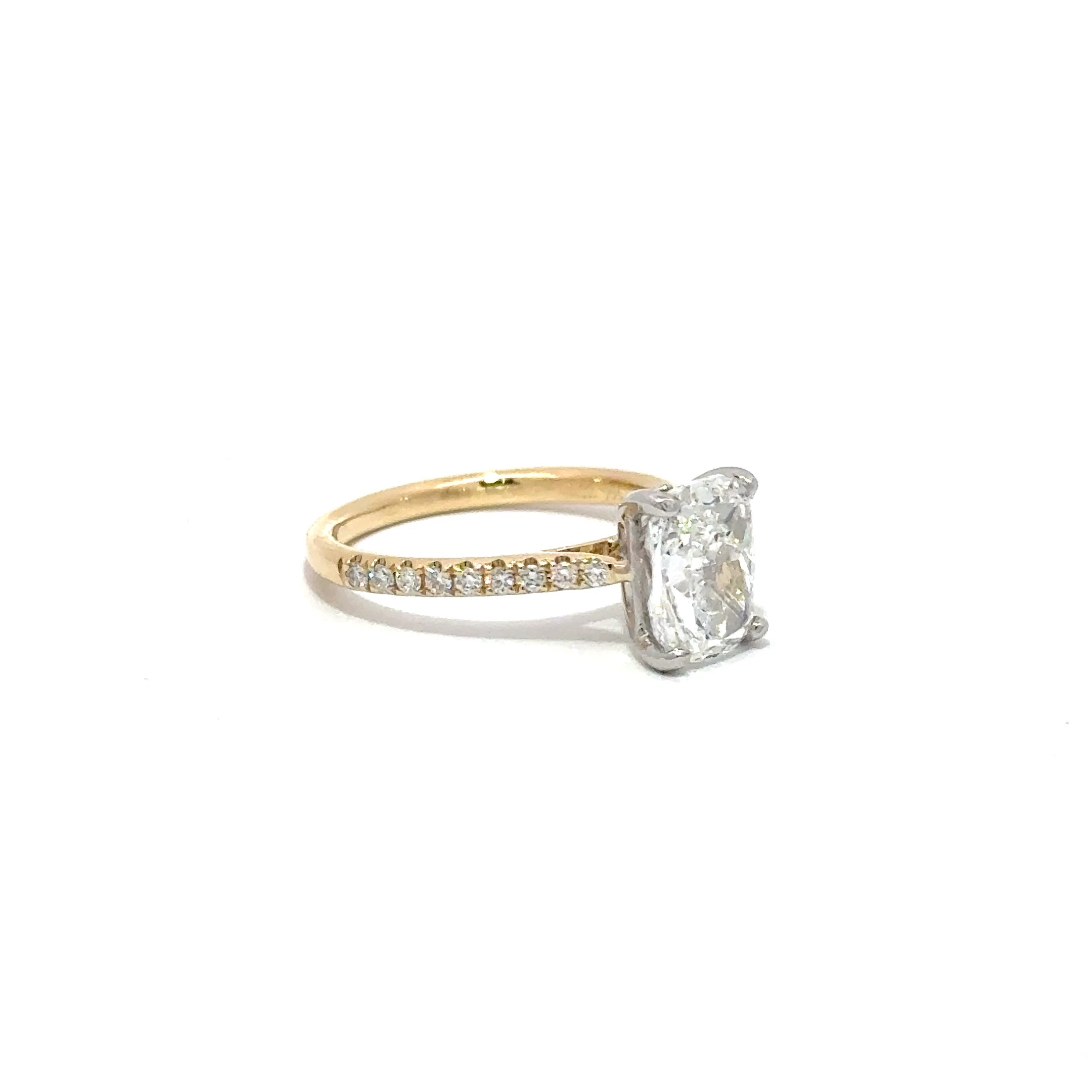 2.01ct Modified Cushion Lab Grown Diamond Ring Set In 18ct Yellow Gold With diamond Set Shoulders
