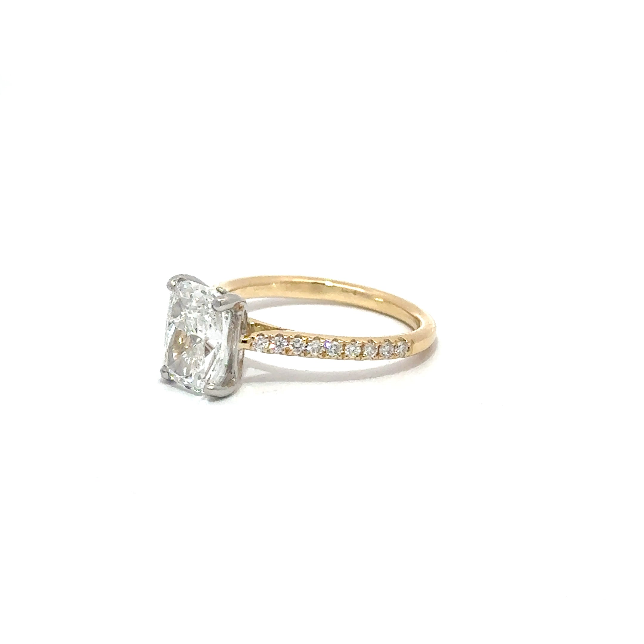 2.01ct Modified Cushion Lab Grown Diamond Ring Set In 18ct Yellow Gold With diamond Set Shoulders