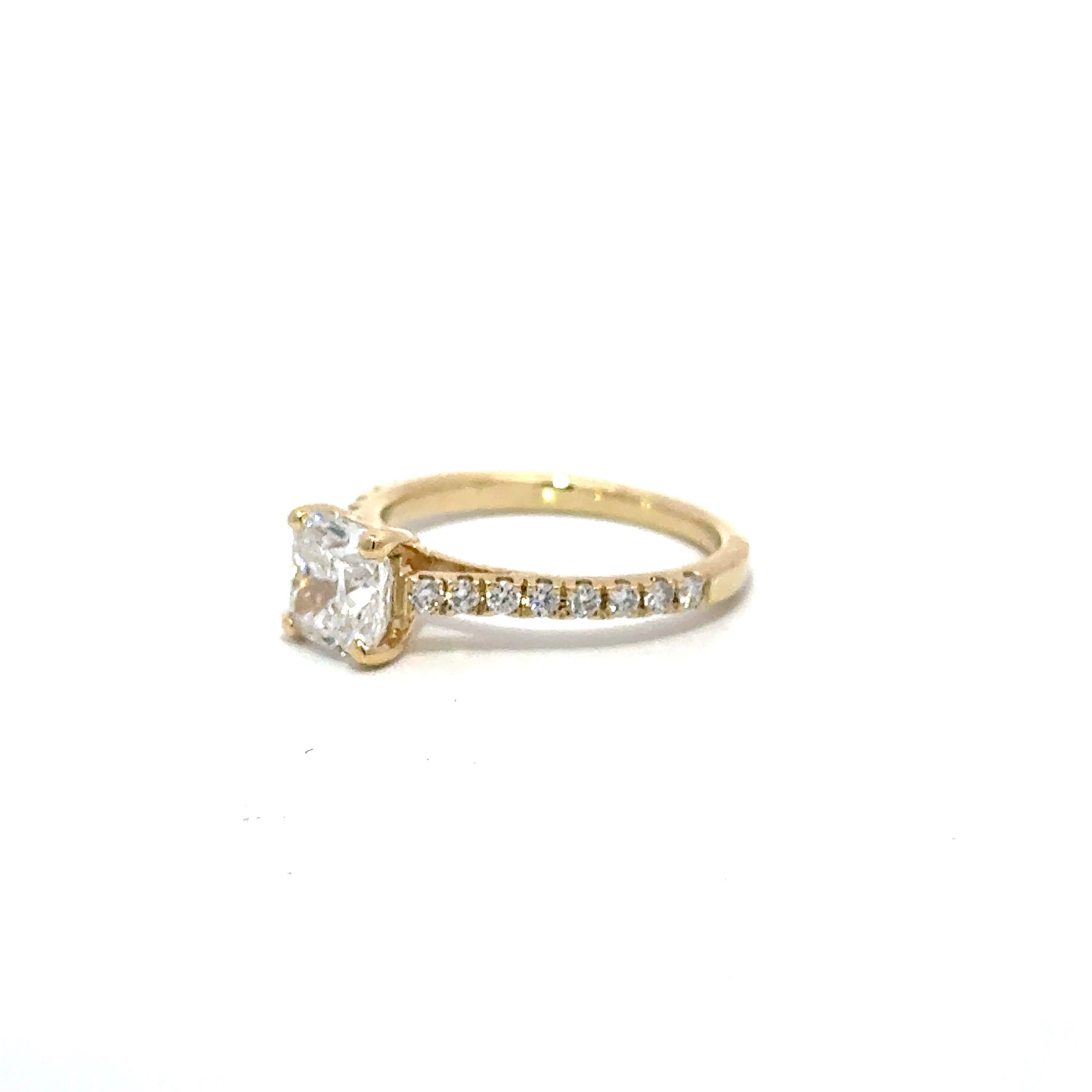 1.43ct Cushion Cut Lab Grown Diamond Set in 18ct Yellow Gold With Diamond Set Shoulders