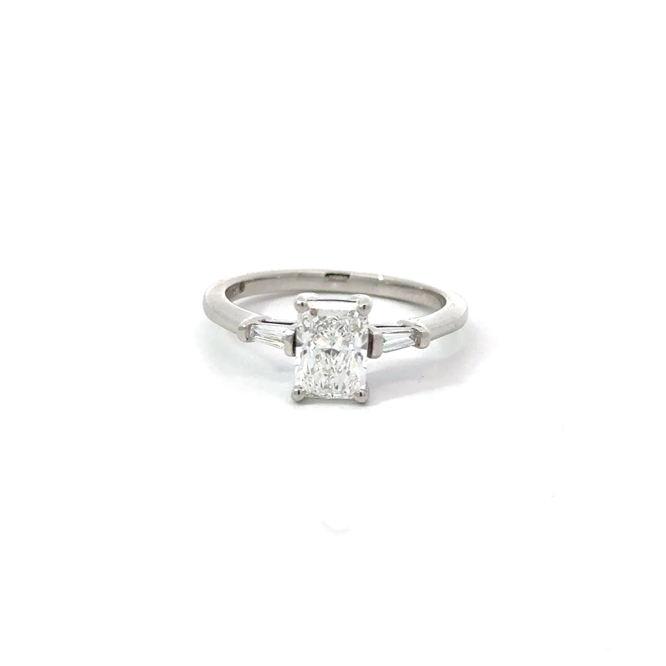 1.04ct Radiant Cut Lab Grown Diamond Three Stone Ring Set In Platinum