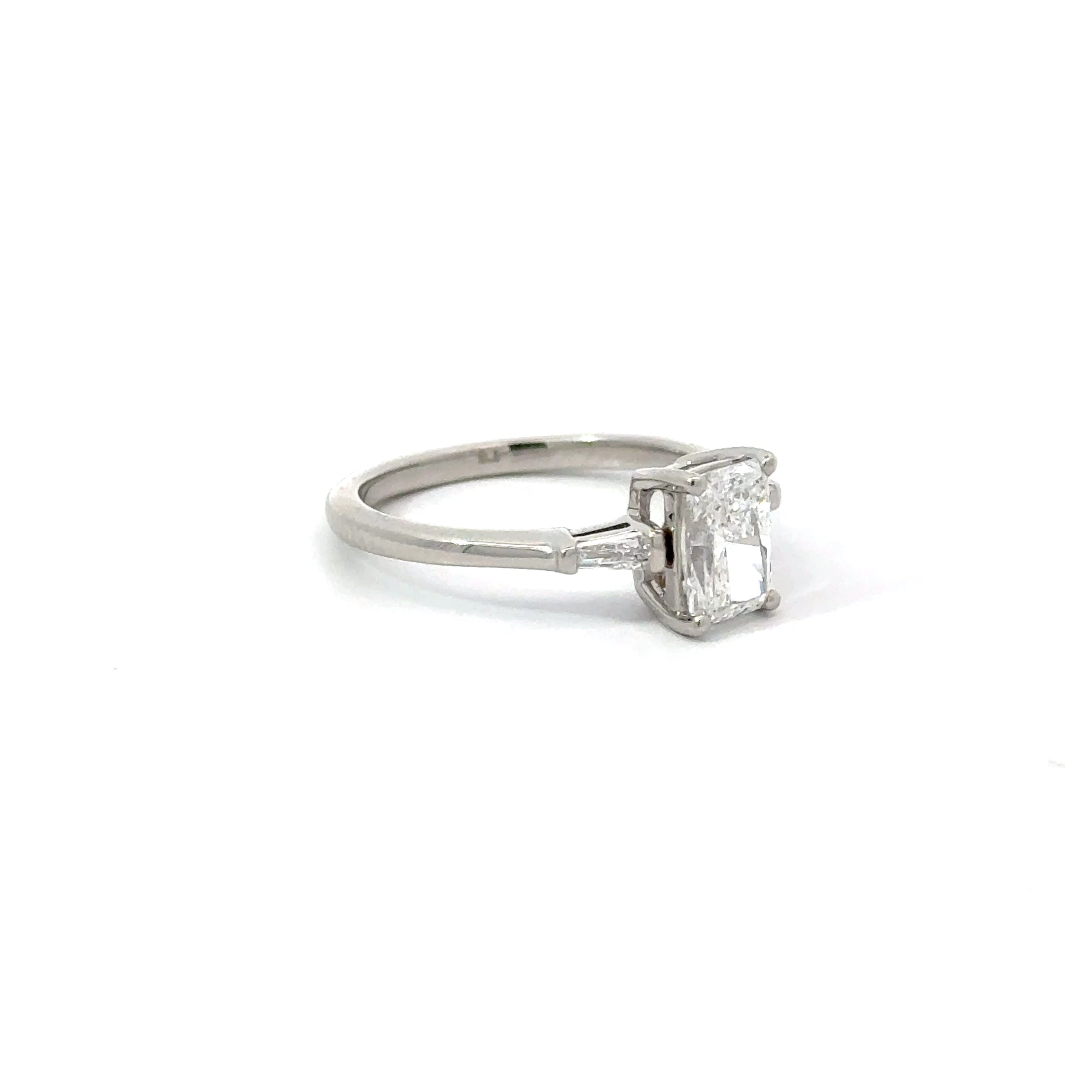 1.04ct Radiant Cut Lab Grown Diamond Three Stone Ring Set In Platinum