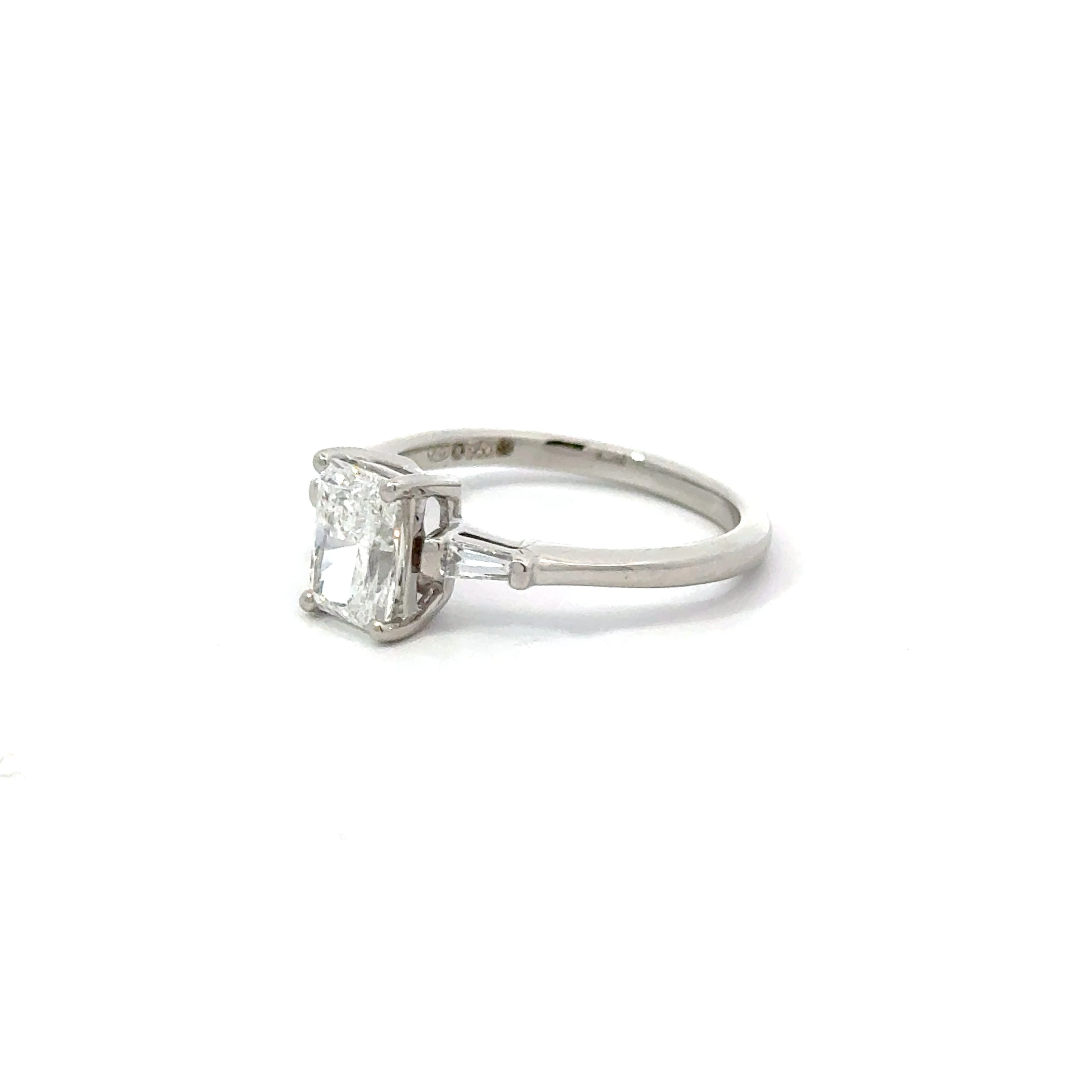 1.04ct Radiant Cut Lab Grown Diamond Three Stone Ring Set In Platinum