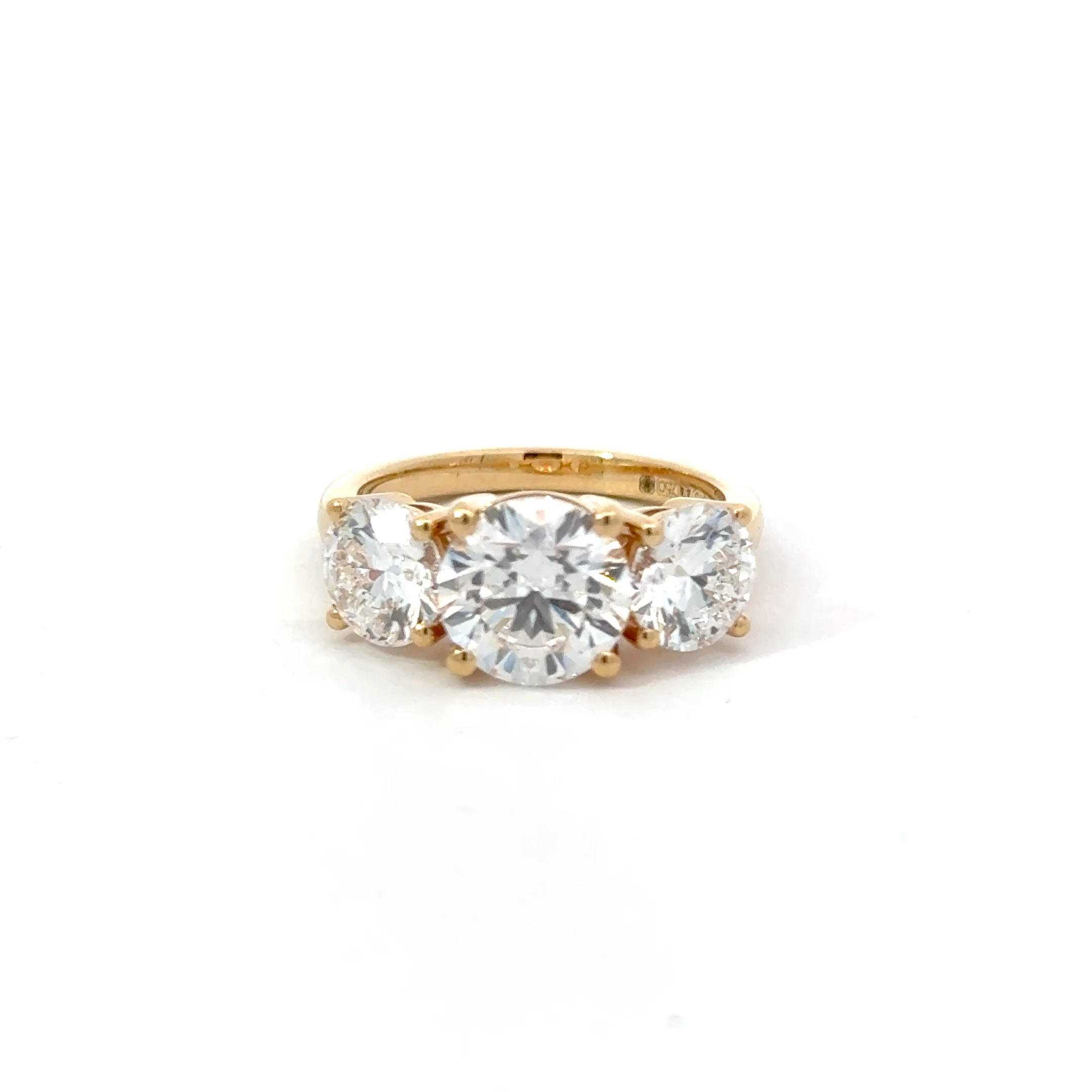 4.07ct Round Brilliant Cut Lab Grown Diamond 3 Stone Ring Set in 18ct Yellow Gold