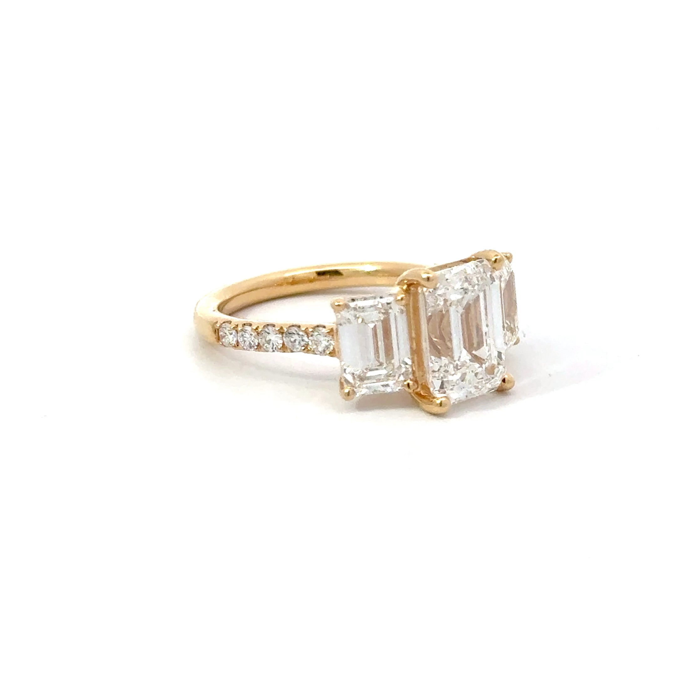 5.40ct Emerald Cut Lab Grown Diamond 3 Stone Set in 18ct Yellow Gold