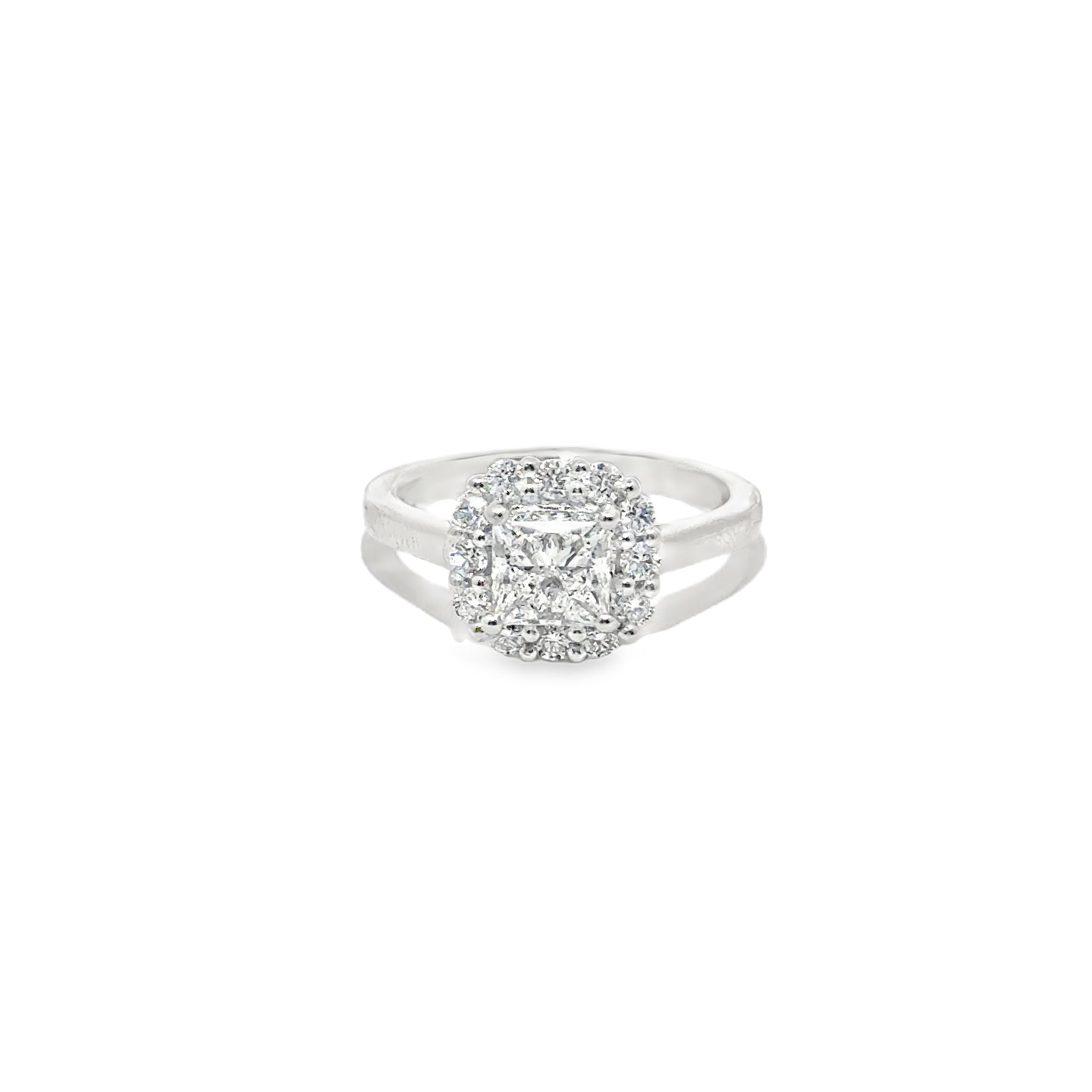 1.24ct Princess Cut Lab Grown Diamond Ring With a Diamond Halo Set in Platinum