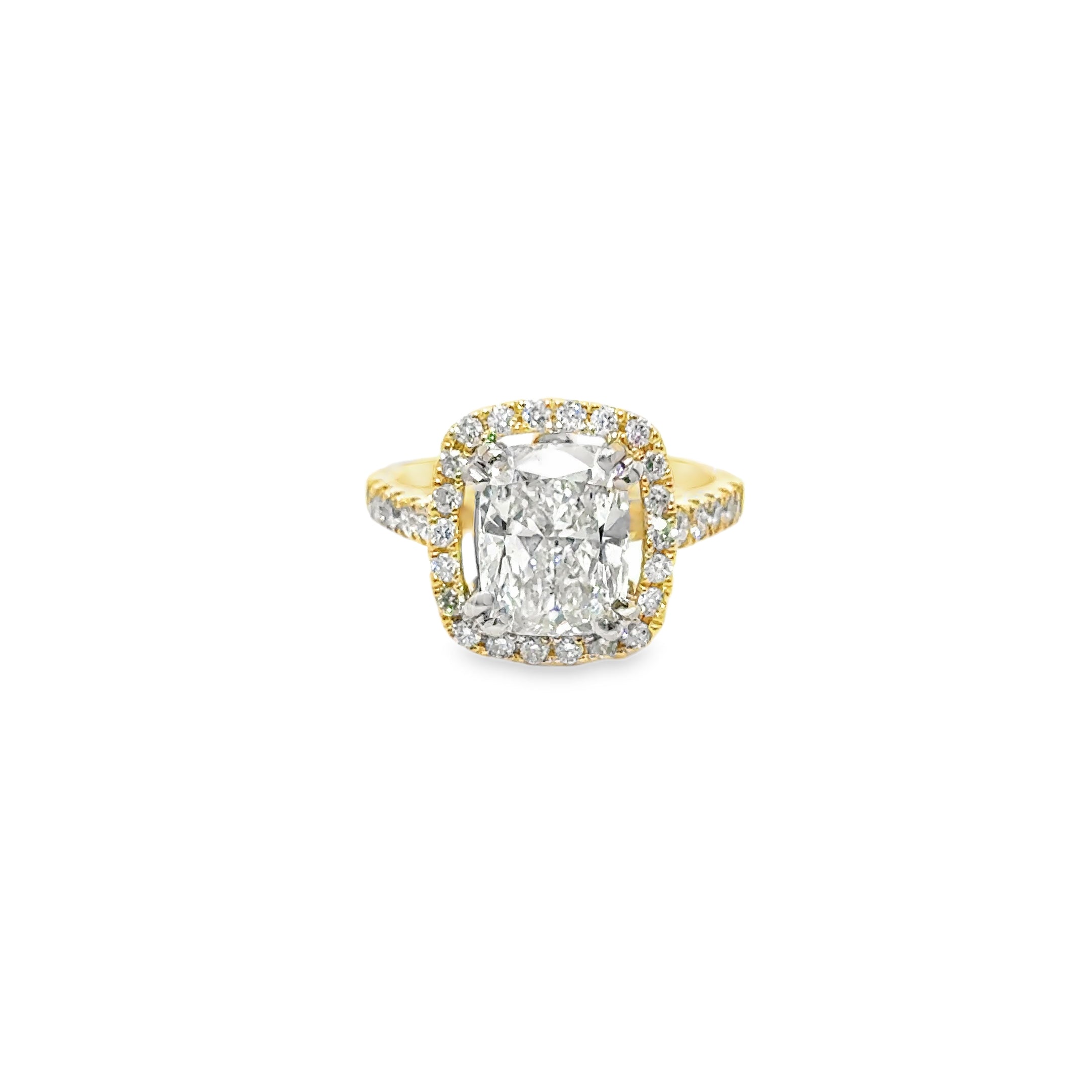 2.85ct Cushion Brilliant Cut Lab Grown Diamond with a Diamond Halo Set in 18ct Yellow Gold