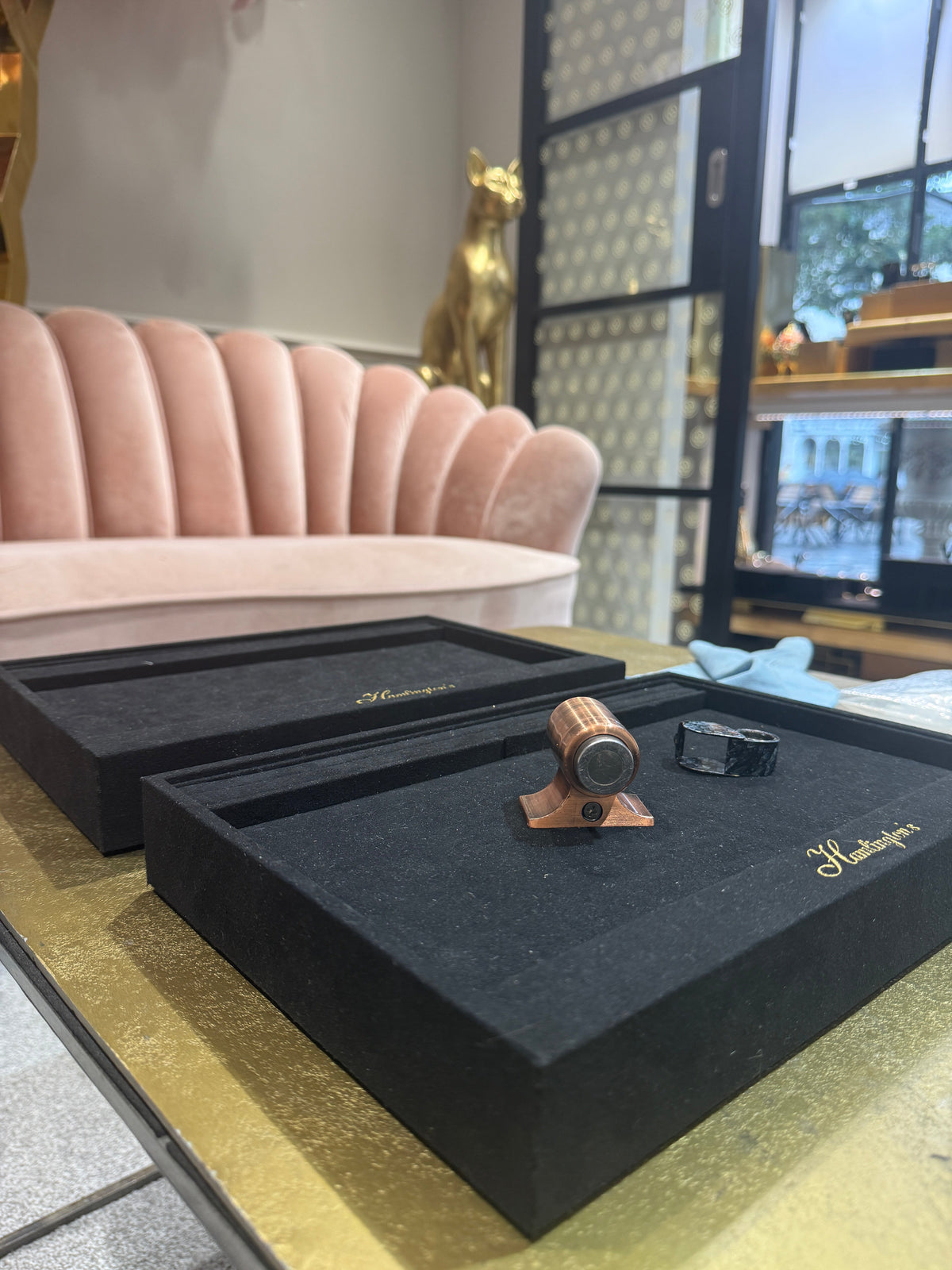 Hamlington's jewellery tray on gold table in the Warwick showroom