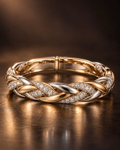 AI-generated concept: braided two-tone gold diamond bangle
