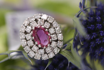 Burmese Ruby and Diamond Halo Ring