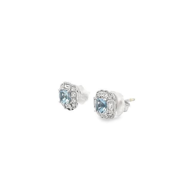 0.50ct Natural Cushion Cut Aquamarine And Diamond Stud Earrings Set In 18ct White Gold