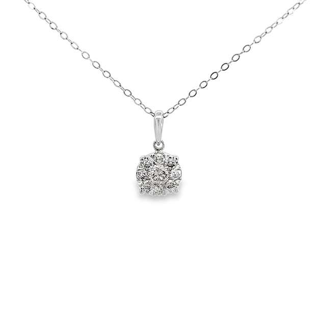 0.96ct Natural Round Brilliant Cut Diamond Cluster Necklace Set In 18ct White Gold