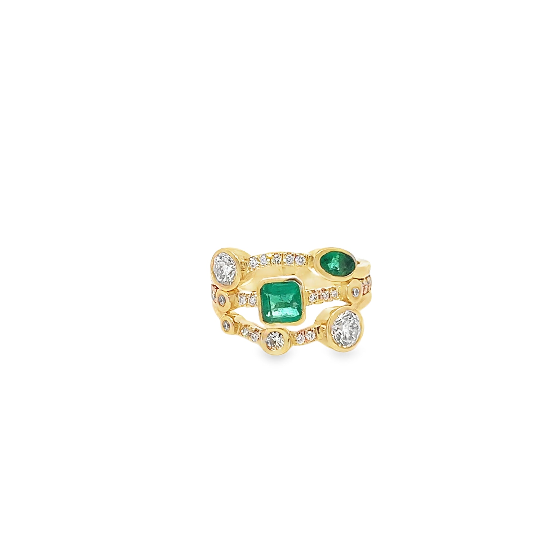 0.82ct Natutal Diamond And Emerald Multi Cut Bubble Ring Set in 18ct Yellow Gold