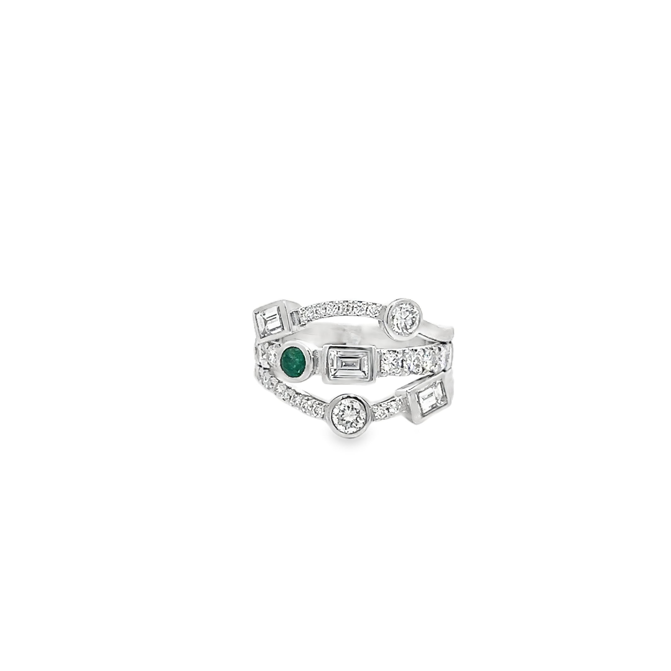1.11ct Natural Round And Baguette Cut Diamond and Emerald Bubble Ring Set In 18ct White Gold