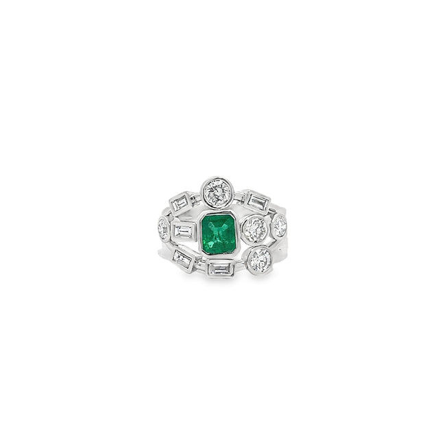 1.28ct Natural Diamond And Emerald Multi Cut Bubble Ring Set In PLatinum