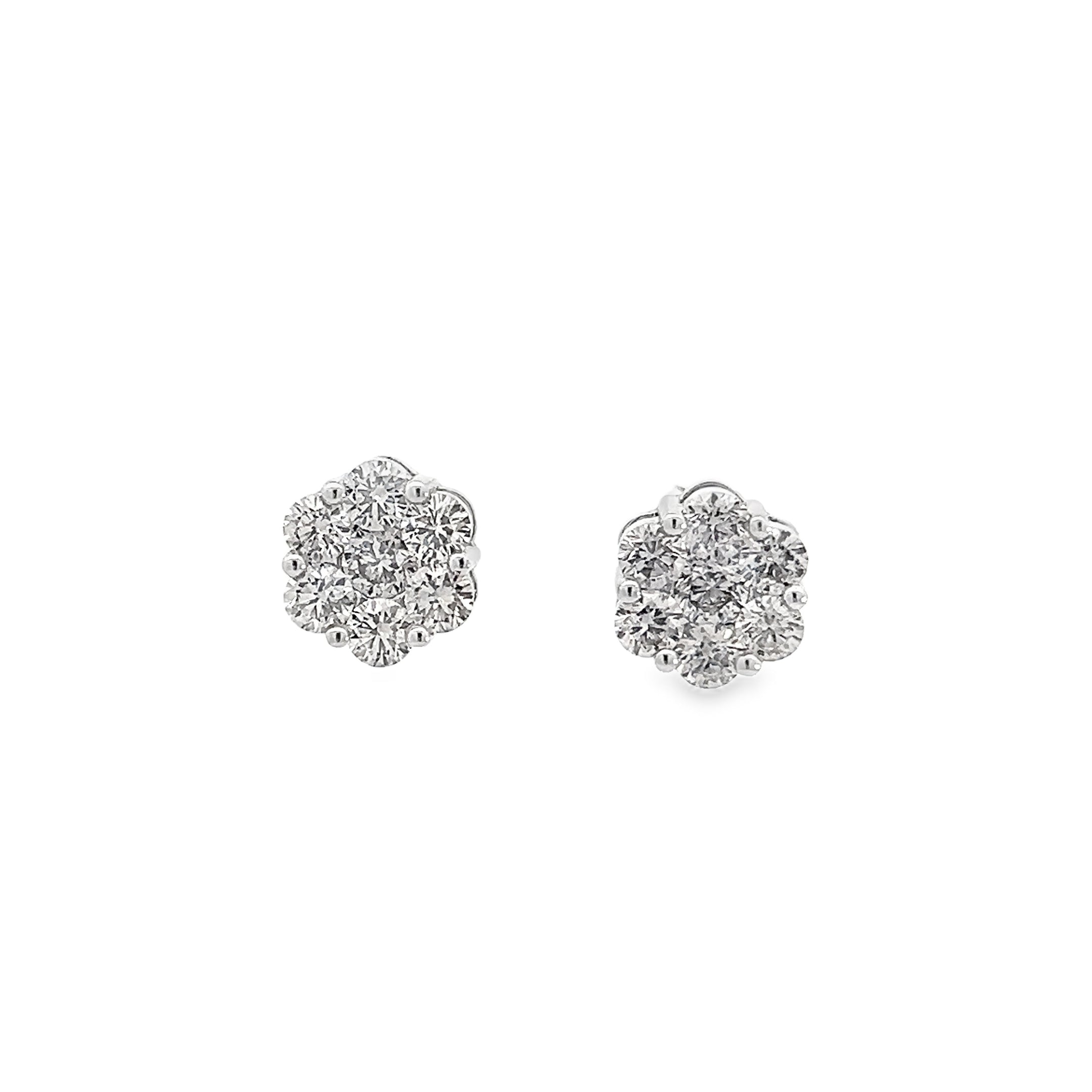 3.00ct Natural Round Brilliant Cut Diamond Diasy Cluster Studs Set In 9ct White Gold
