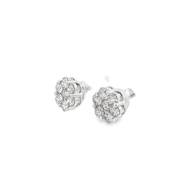 3.00ct Natural Round Brilliant Cut Diamond Diasy Cluster Studs Set In 9ct White Gold