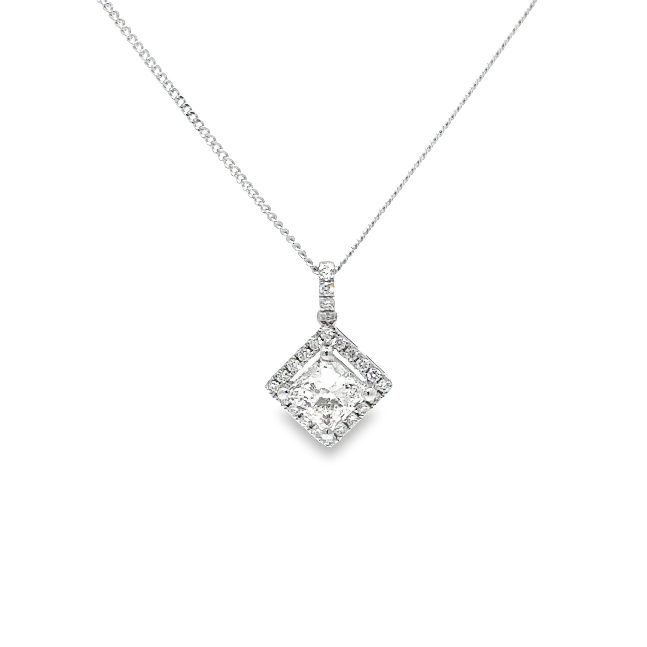 0.96ct Princess Cut Diamond Pendant With Diamond Halo Set In 18ct White Gold