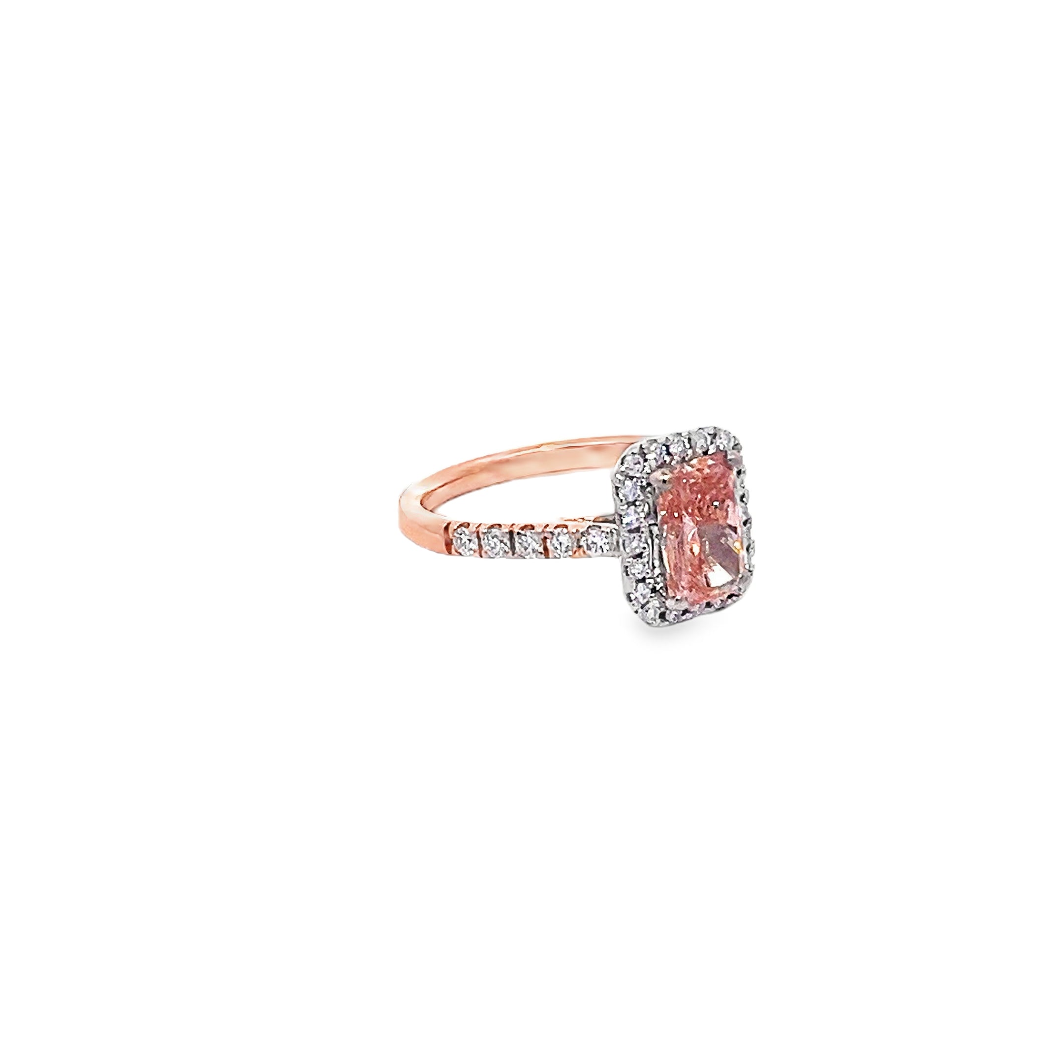 1.20ct Fancy Pink Lab Grown Radiant Cut Diamond Engagement Ring Set In 18ct Rose Gold