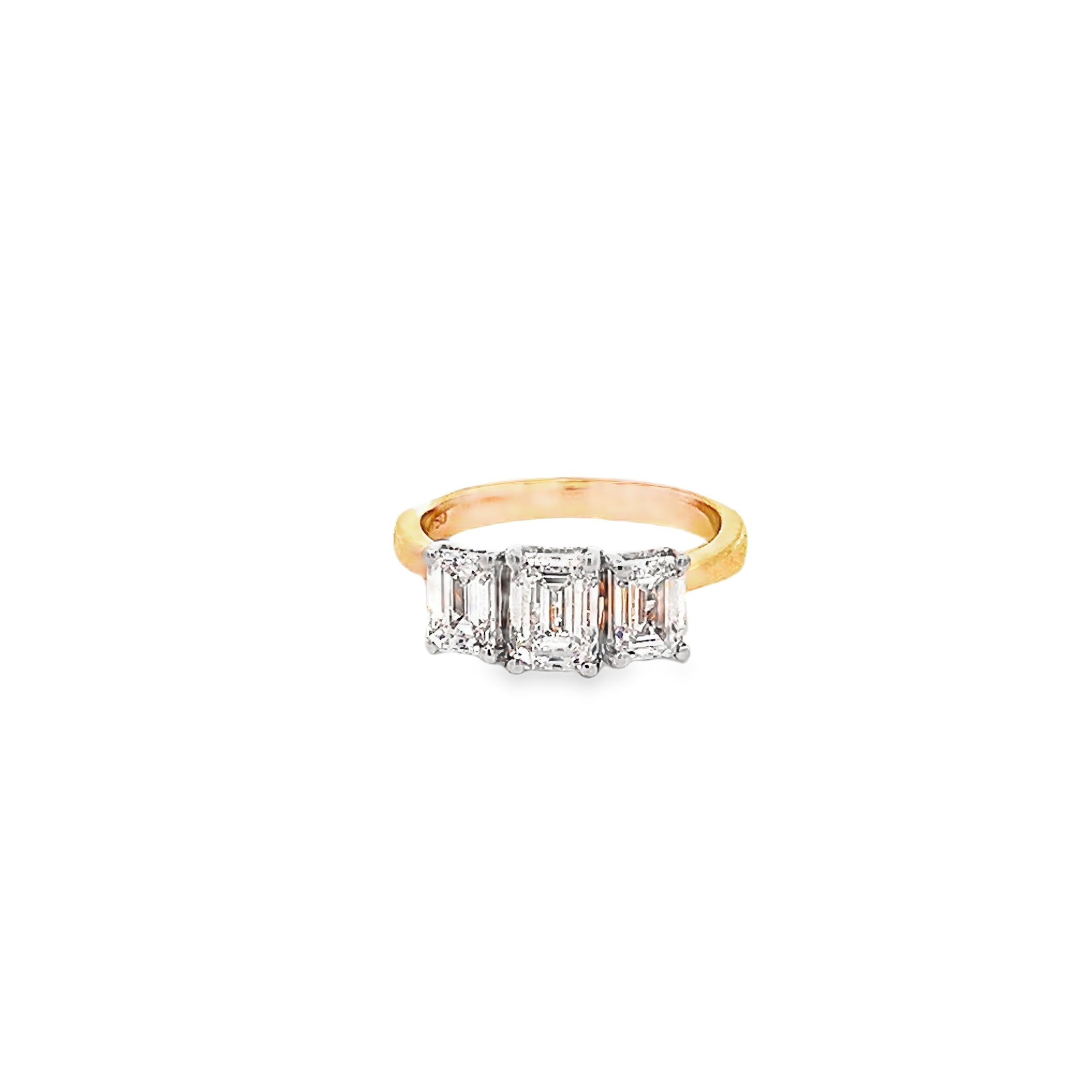 2.31ct Emerald Cut Trilogy Lab Grown Diamond Ring Set in 18ct Yellow Gold