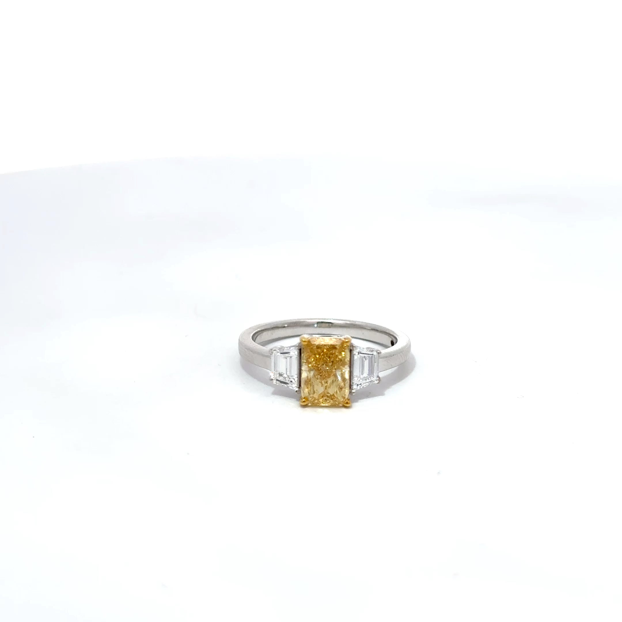2.04ct Emerald Cut Lab Grown Fancy Vivid Yellow Diamond 3 Stone Ring In 18ct White Gold