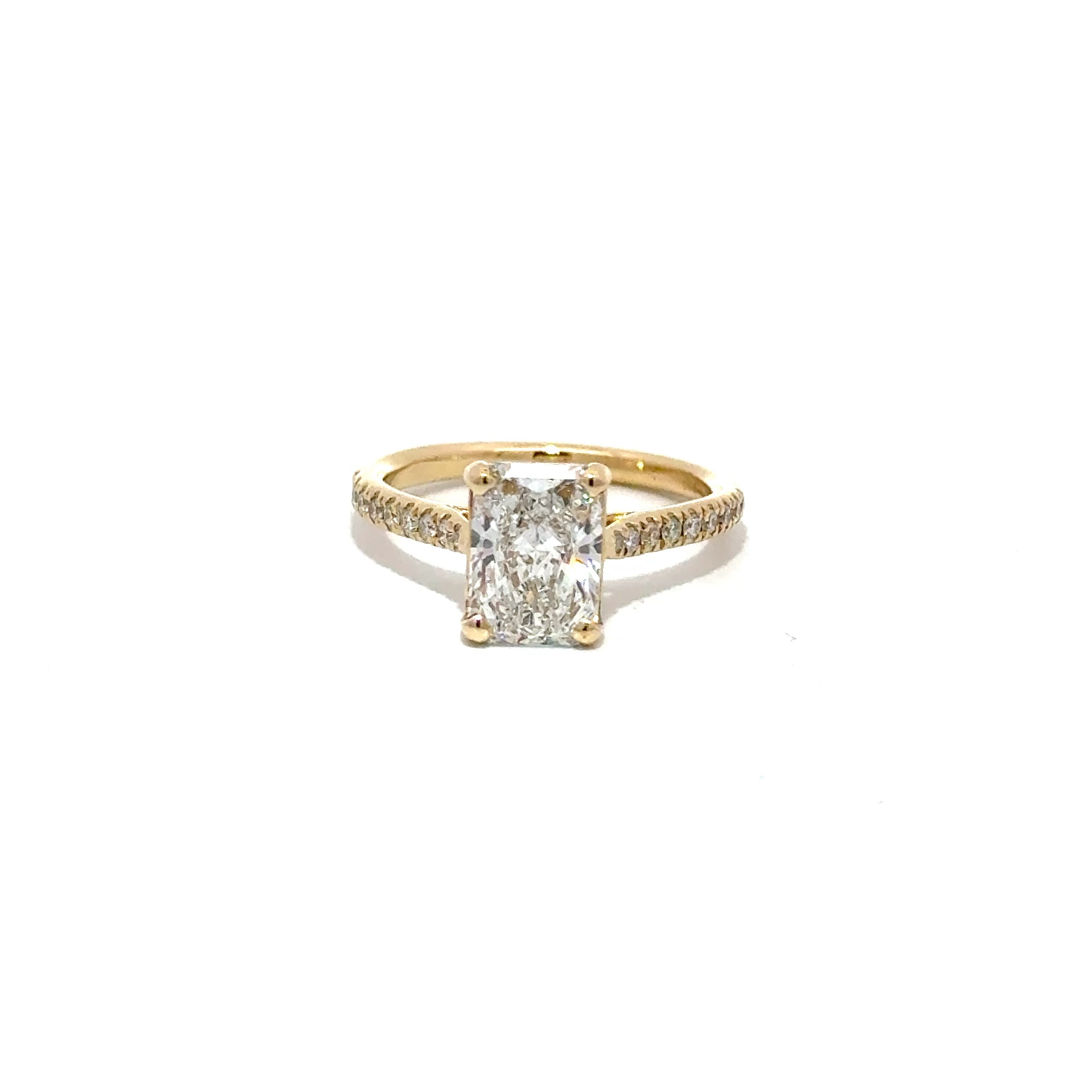 2.00ct Lab Grown Radiant Cut Lab Grown Diamond Ring Set in 18ct Yellow Gold With Diamond Set Shoulders