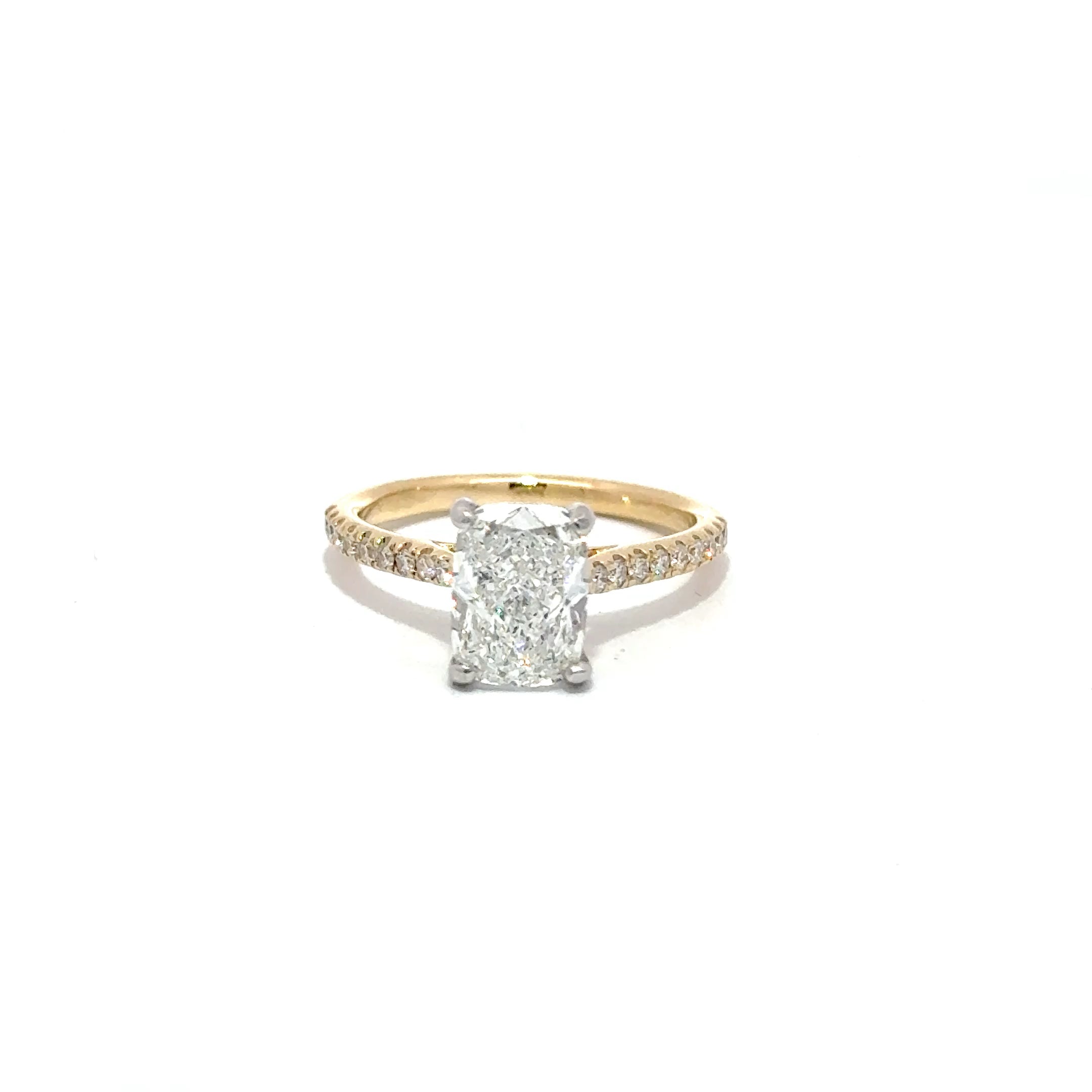 2.01ct Modified Cushion Lab Grown Diamond Ring Set In 18ct Yellow Gold With diamond Set Shoulders