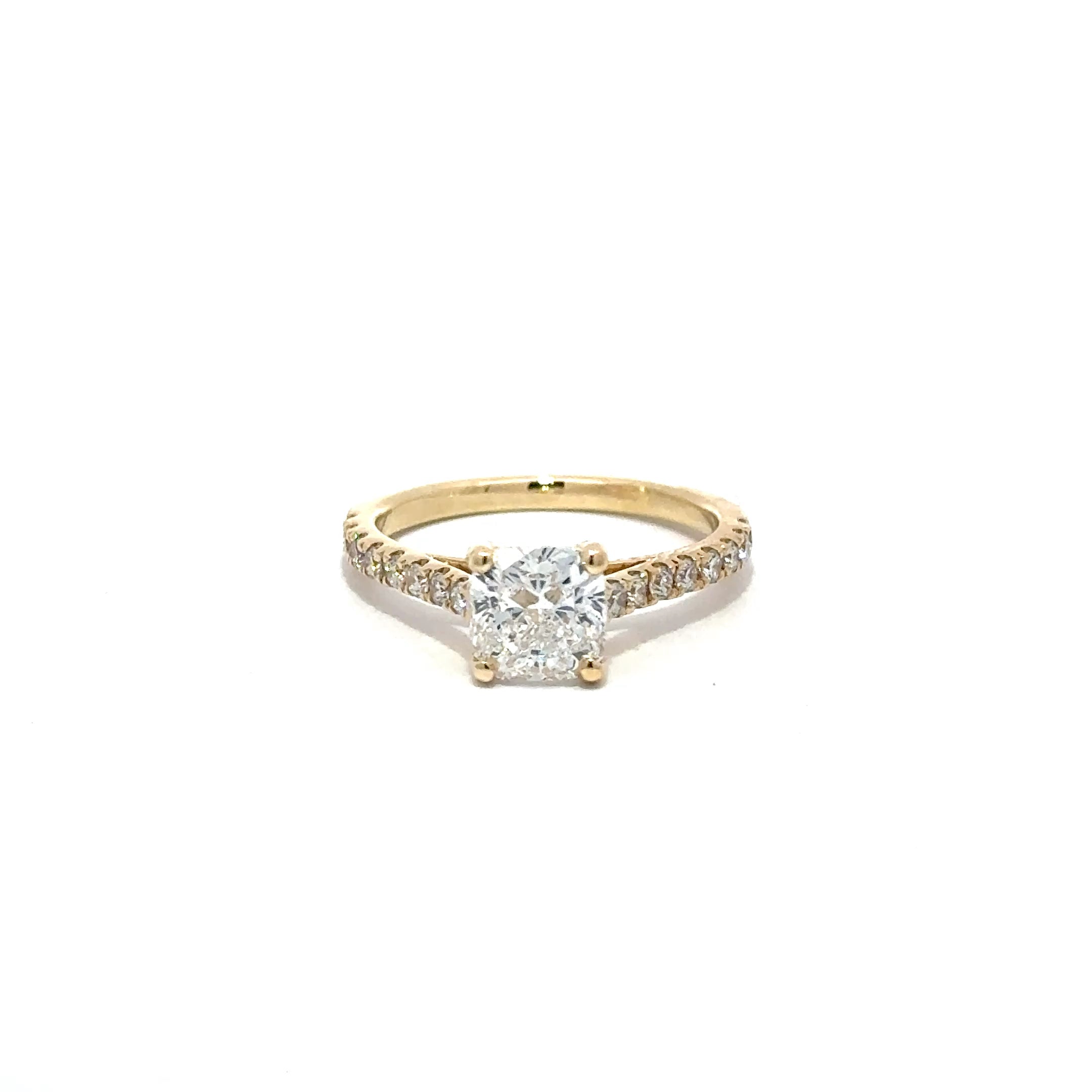 1.43ct Cushion Cut Lab Grown Diamond Set in 18ct Yellow Gold With Diamond Set Shoulders