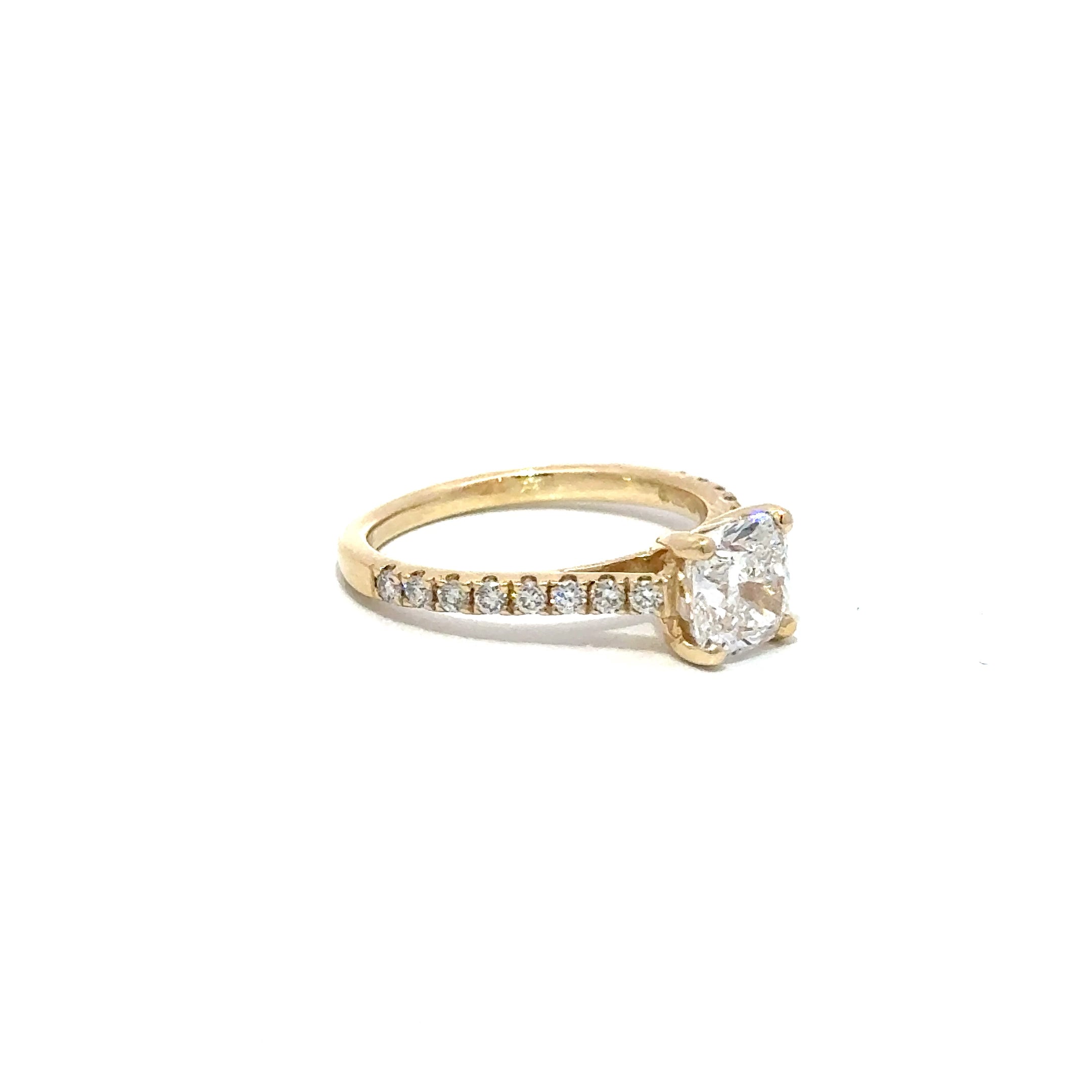 1.43ct Cushion Cut Lab Grown Diamond Set in 18ct Yellow Gold With Diamond Set Shoulders