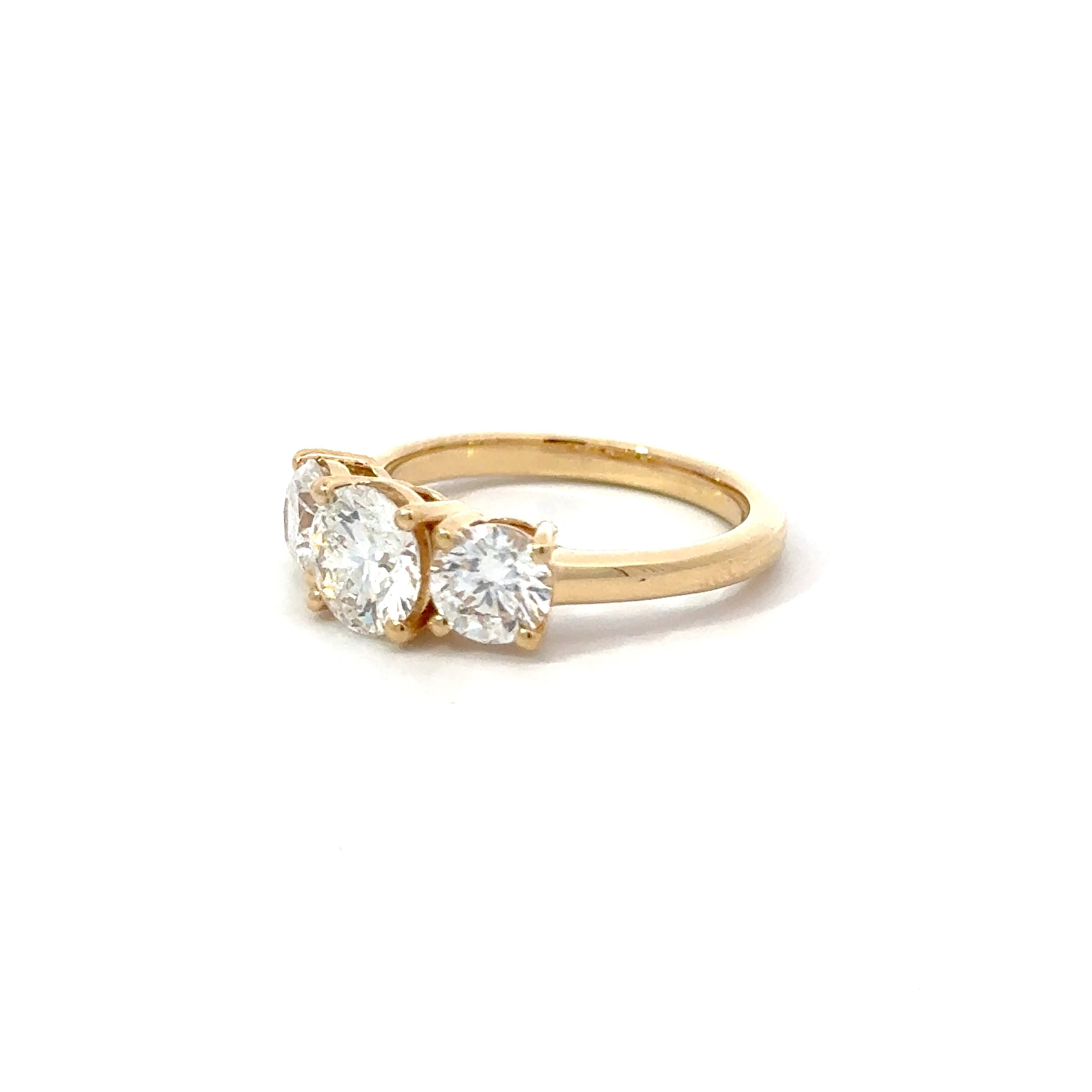 2.02ct Round Brilliant Cut Lab Grown Diamond 3 Stone Set in 18ct Yellow Gold