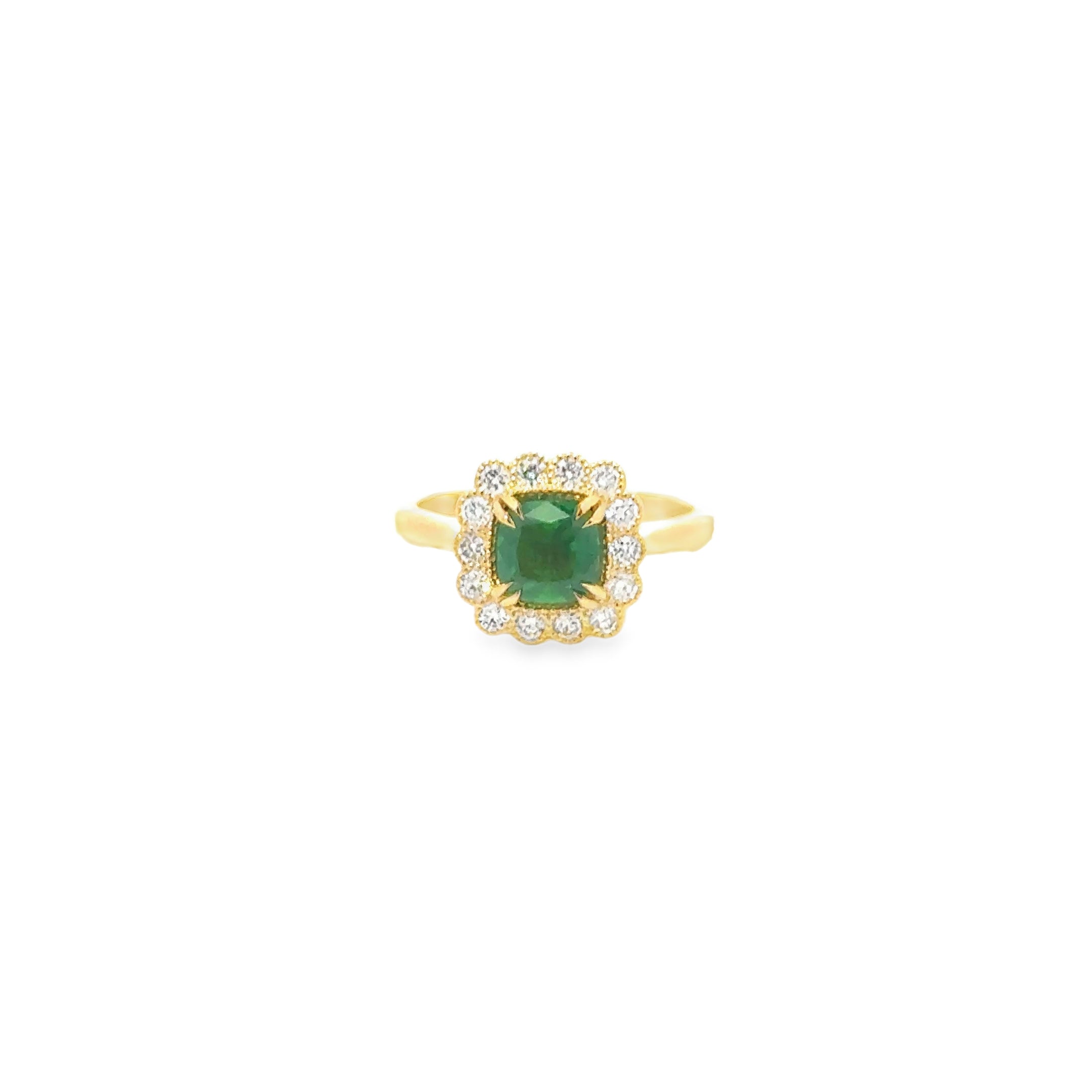 1.25ct Cushion Lab Grown Emerald With 0.17ct Diamond Halo Set in 18ct Yellow Gold