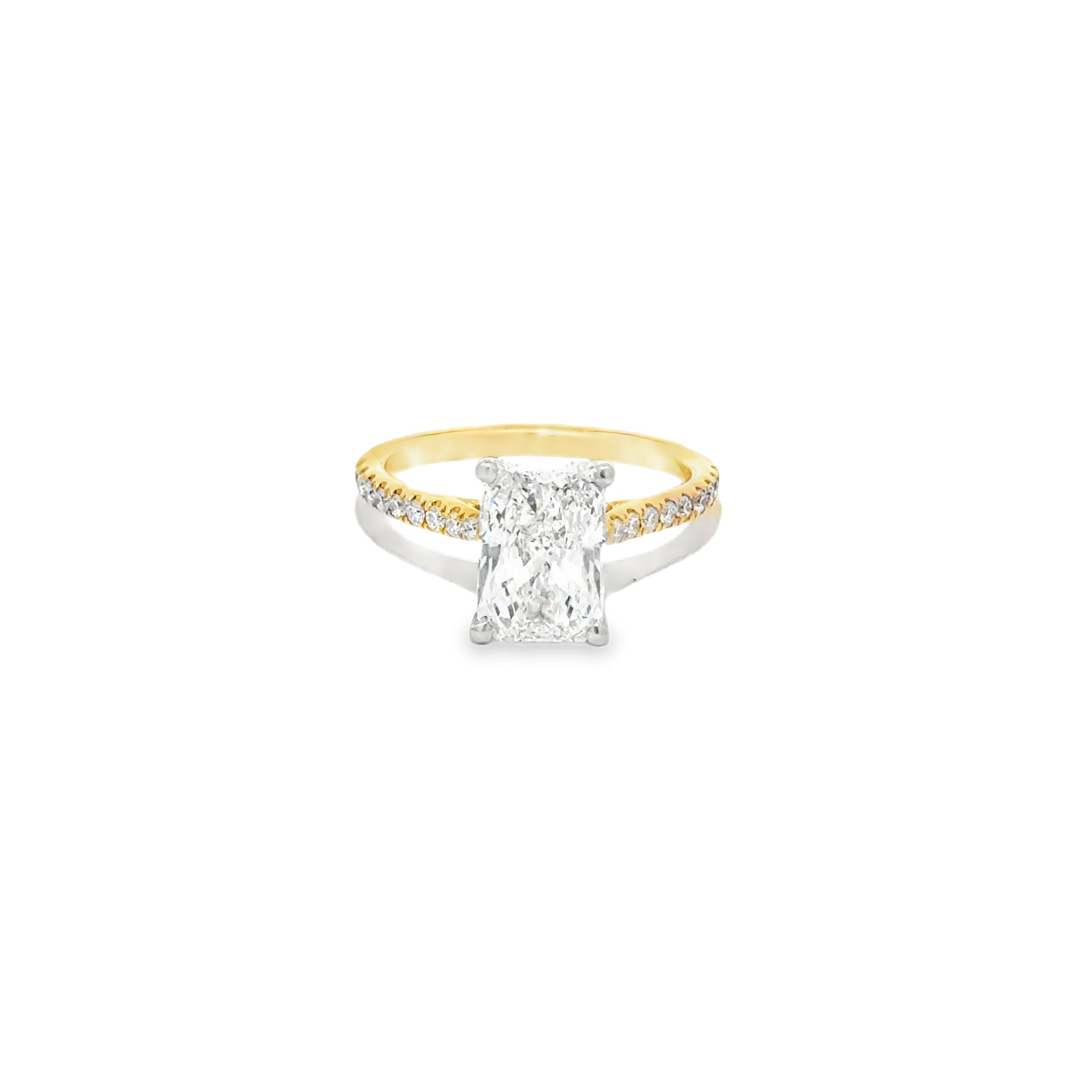 2.12ct Radiant Cut Lab Grown Diamond Set in 18ct Yellow Gold With Diamond Set Shoulders