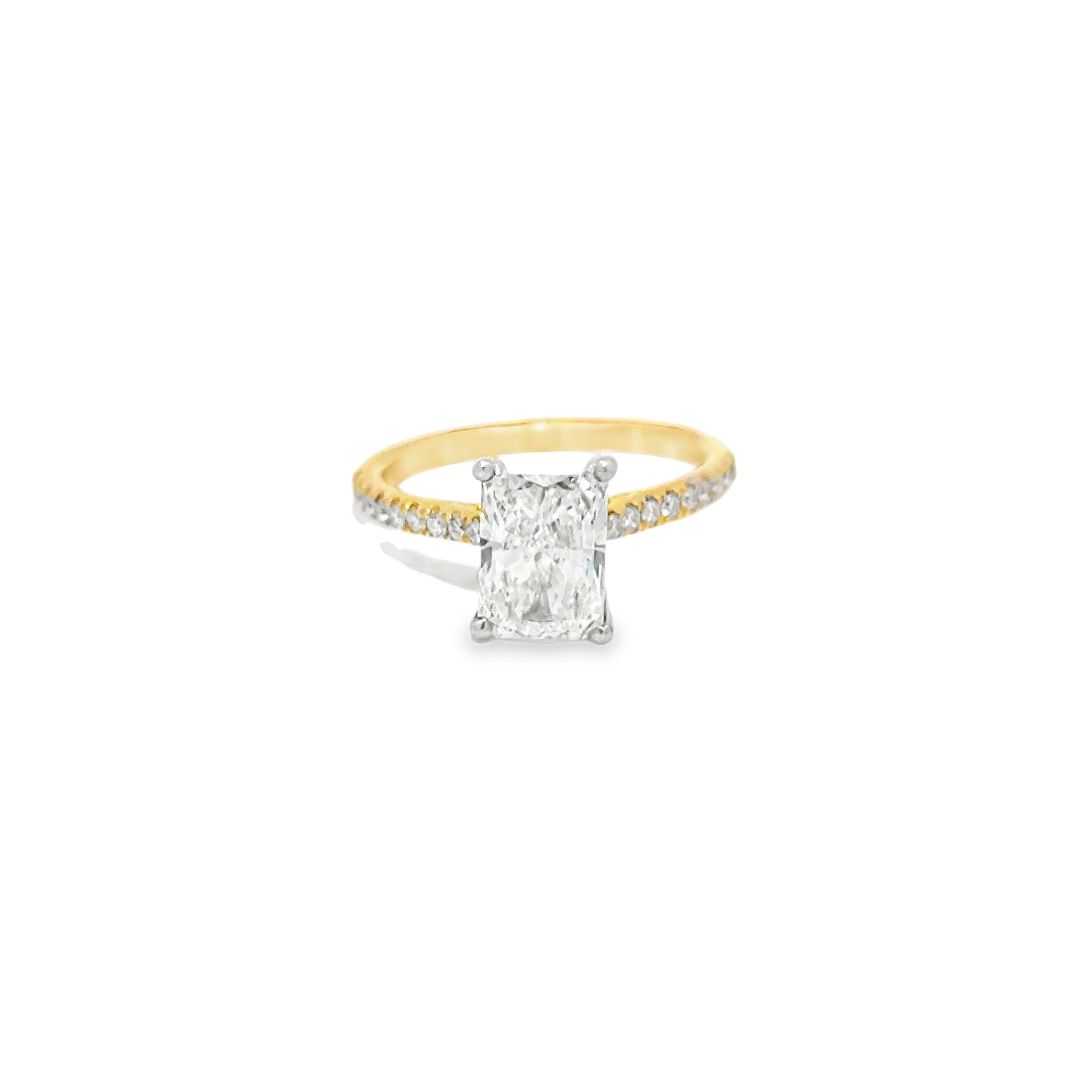 2.15ct Radiant Cut Lab Grown Diamond Solitaire With Diamond Set Shoulders Set in 18ct Yellow Gold